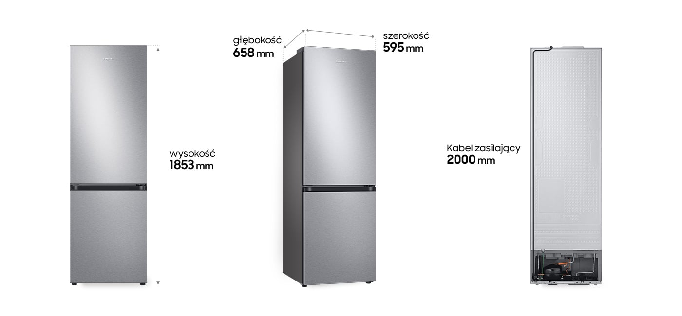 Lodówka Samsung RB34C601DSA pokazana z trzech stron wraz z opisem jej wymiarów