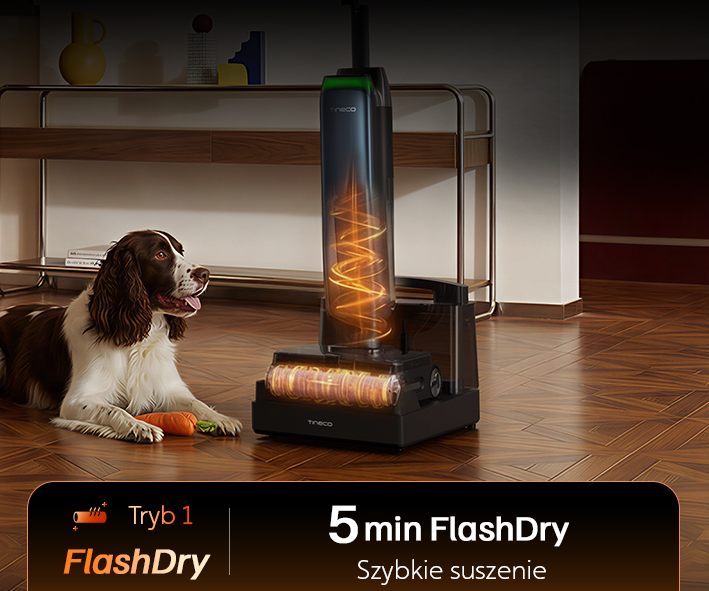 Tryb FlashDry w Tineco FLOOR ONE Station S9 Artist — szybkie autoczyszczenie i suszenie wałka w 5 minut