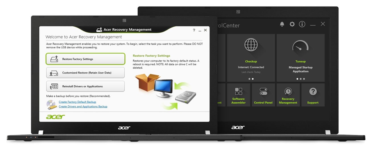 Acer TravelMate P658 Acer ControlCenter oraz Acer Recovery Management