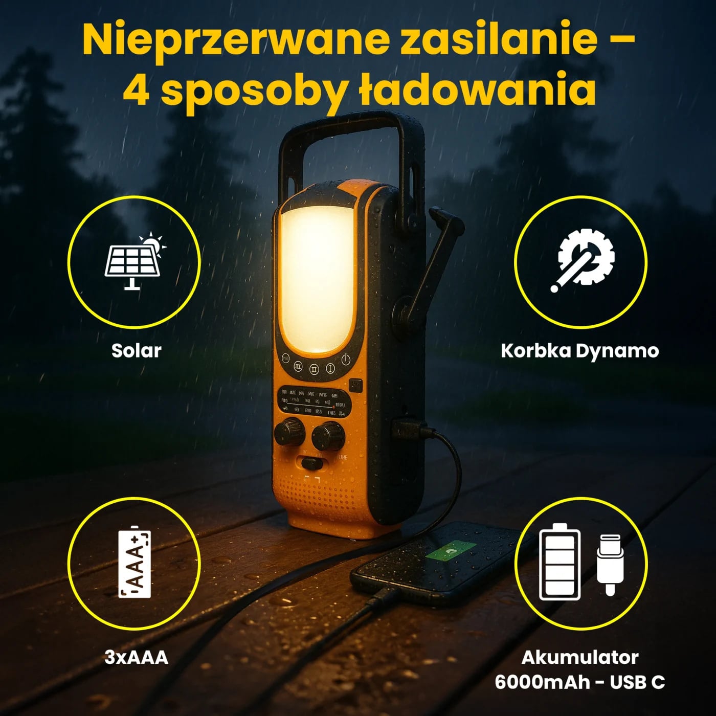 Black Forest by Extralink | Radio awaryjne solarne z korbką | dynamo powerbank 6000mAh z latarką SOS