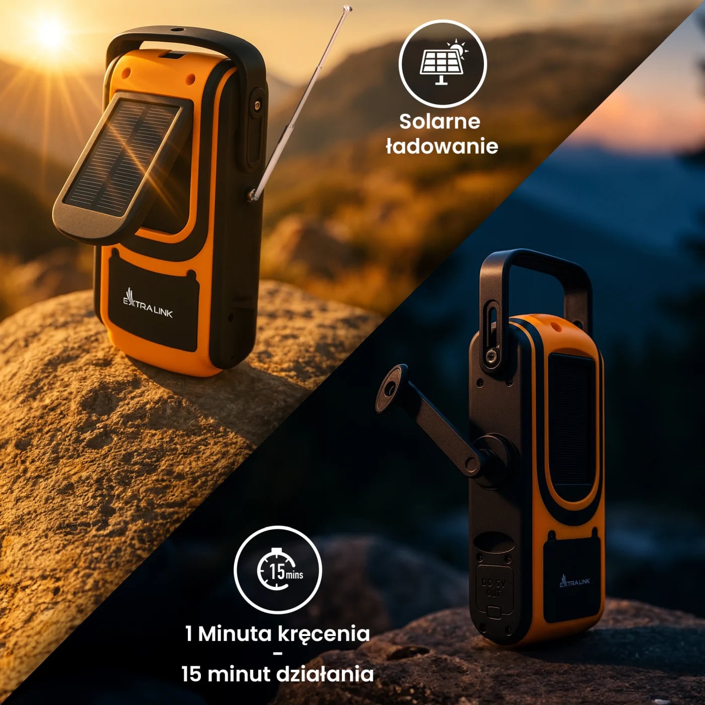Black Forest by Extralink | Radio awaryjne solarne z korbką | dynamo powerbank 6000mAh z latarką SOS