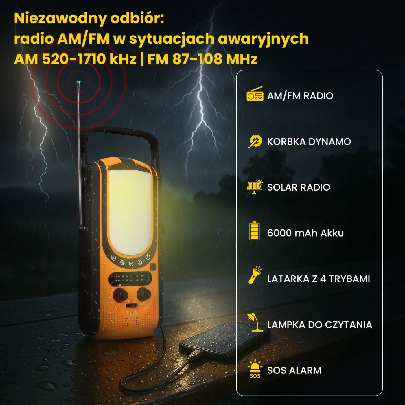 Black Forest by Extralink | Radio awaryjne solarne z korbką | dynamo powerbank 6000mAh z latarką SOS