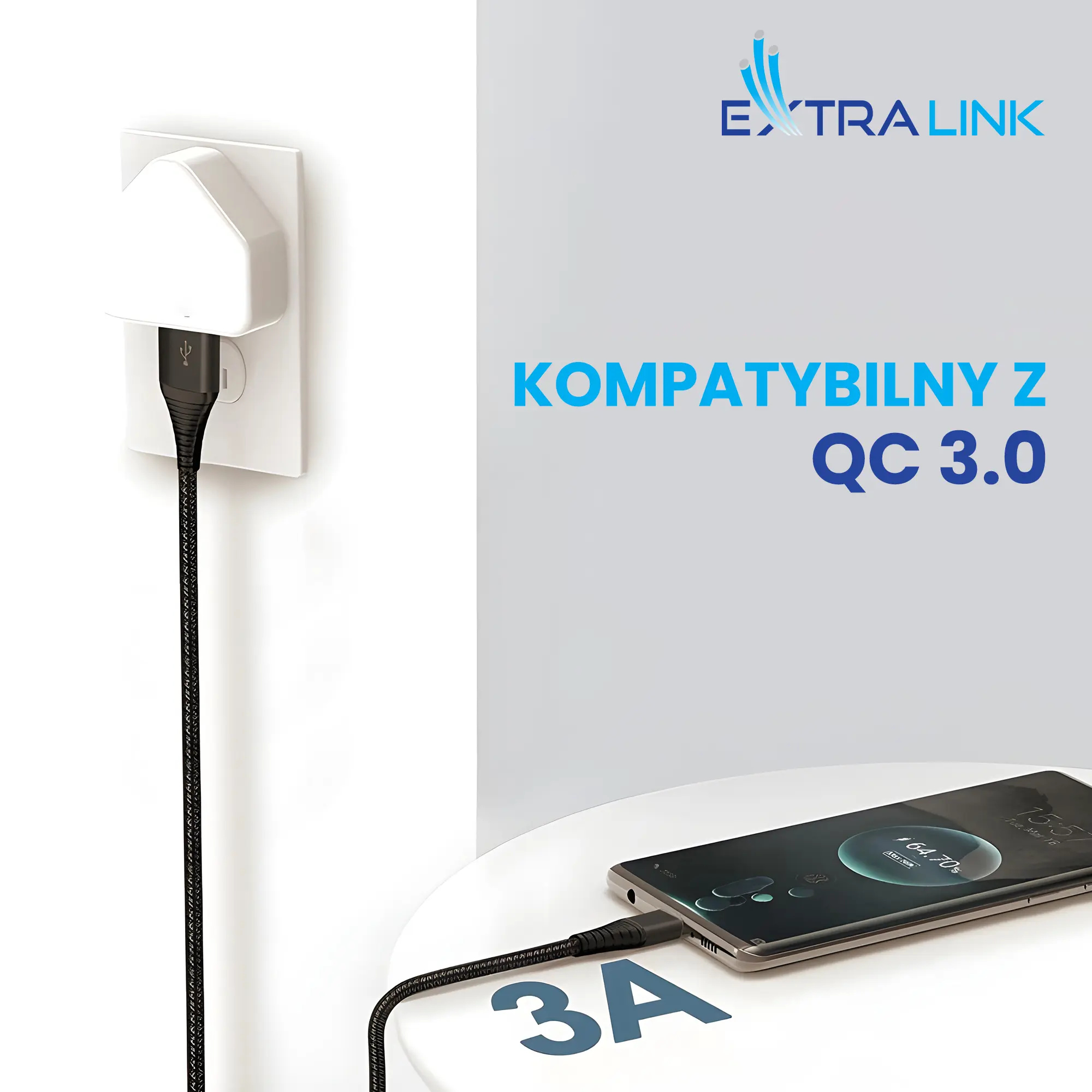 Extralink Smart Life Braided 15W USB Type-A to Type-C 2m Czarny | Kabel USB | 5V 3A