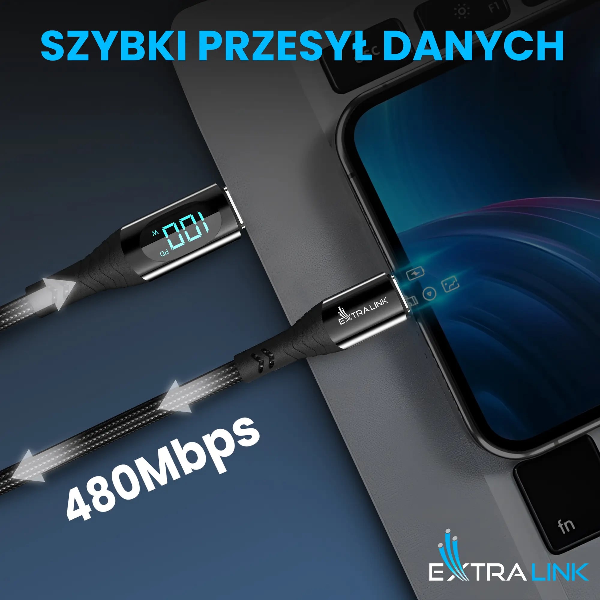 Extralink Smart Life USB Type-C to Type-C Cable Braided Czarny z wyświetlaczem LED | Kabel USB-C | 100W, 200cm