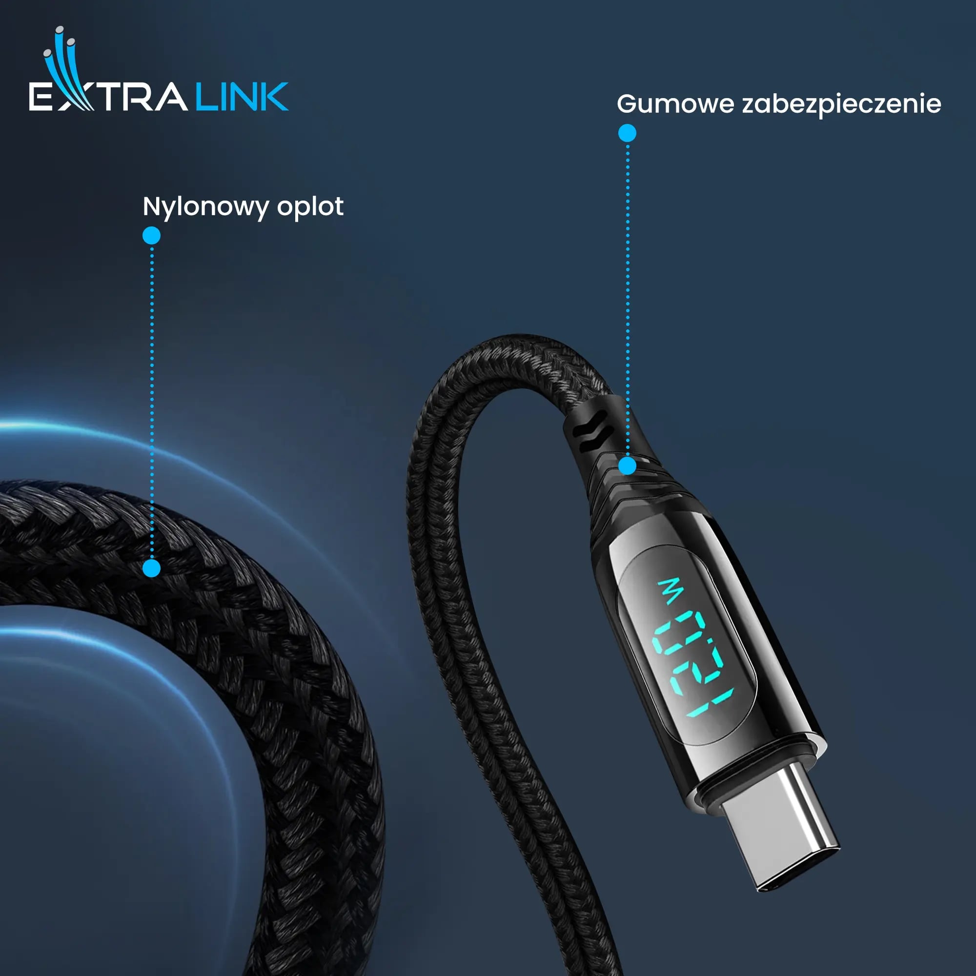 Extralink Smart Life USB Type-C to Type-C Cable Braided Czarny z wyświetlaczem LED | Kabel USB-C | 100W, 200cm