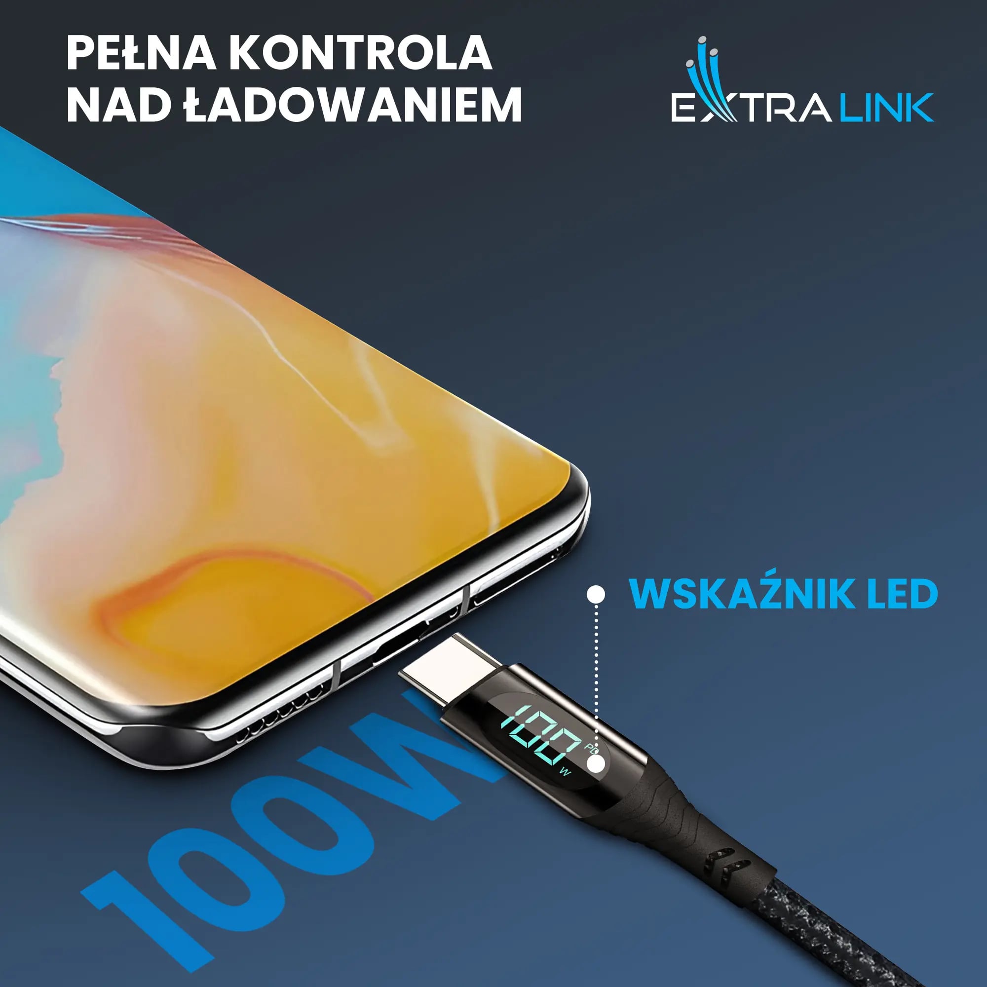 Extralink Smart Life USB Type-C to Type-C Cable Braided Czarny z wyświetlaczem LED | Kabel USB-C | 100W, 200cm