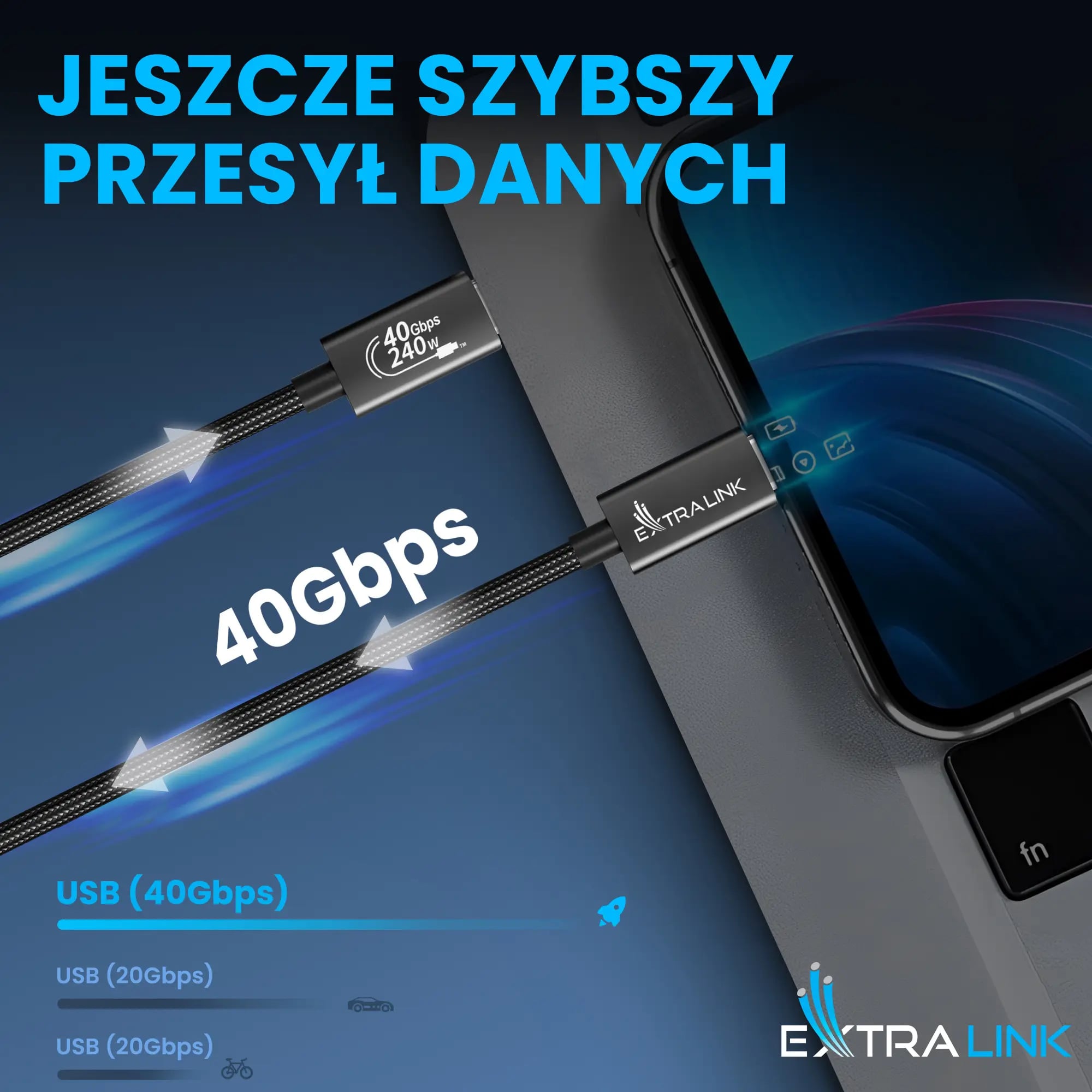 Extralink Smart Life USB Type-C to Type-C Cable Braided Czarny | Kabel USB-C | 240W, 40Gbps, 200cm
