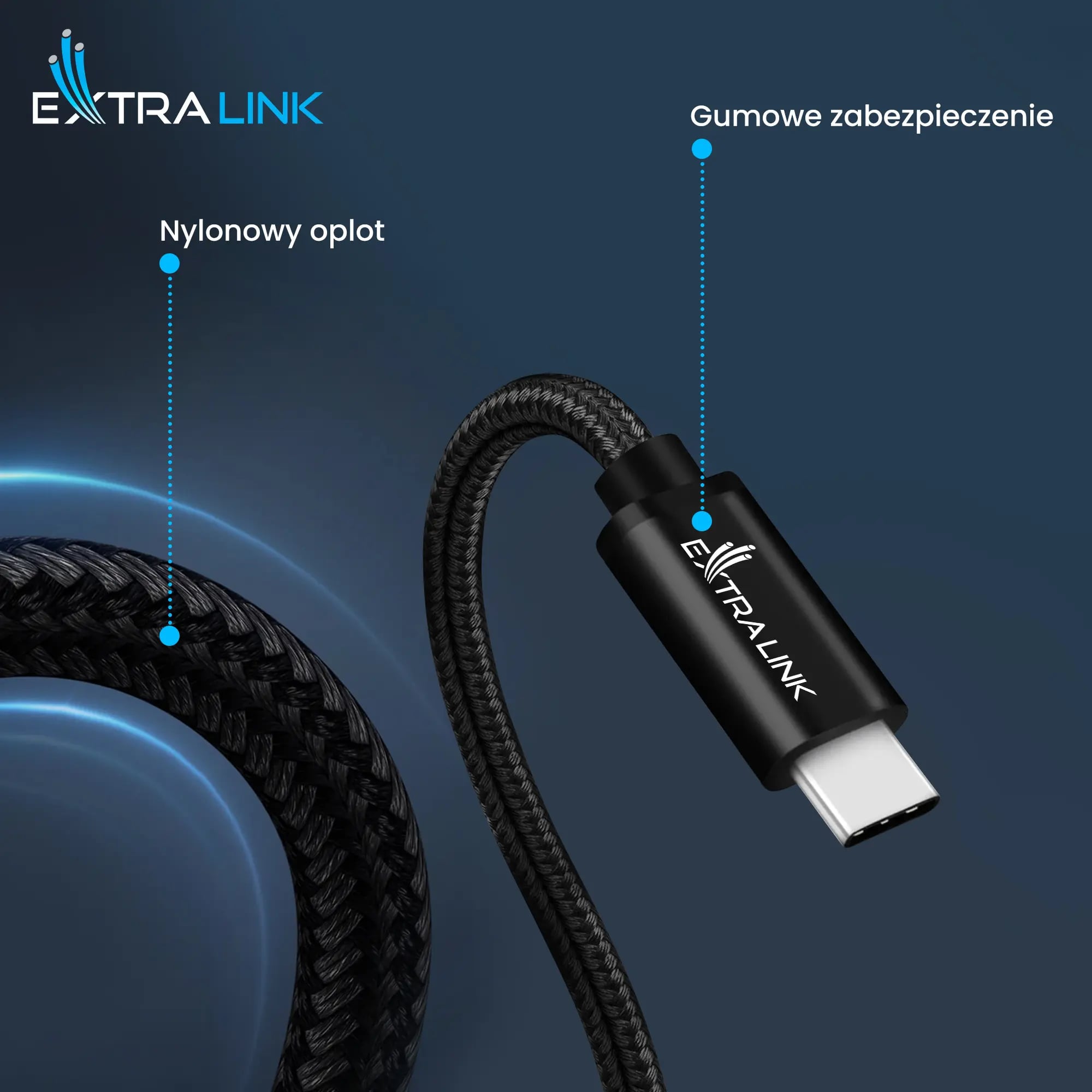 Extralink Smart Life USB Type-C to Type-C Cable Braided Czarny | Kabel USB-C | 240W, 40Gbps, 200cm