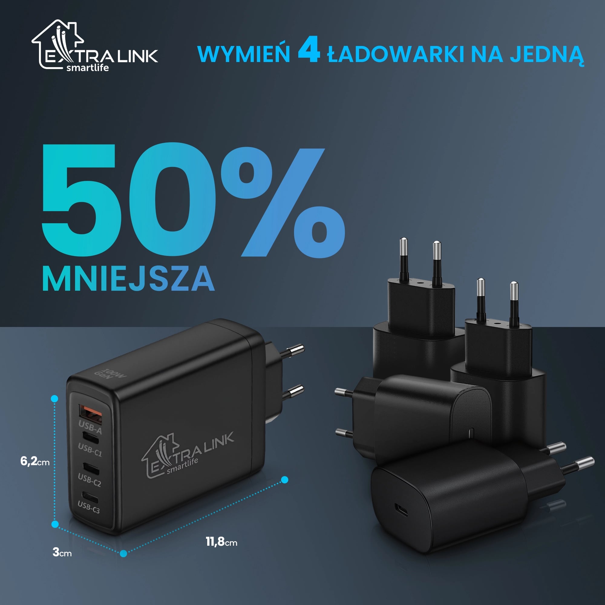 Extralink Smart Life Fast Charger 100W GaN | Ładowarka | 3x USB-C, USB-A, CHARESL01