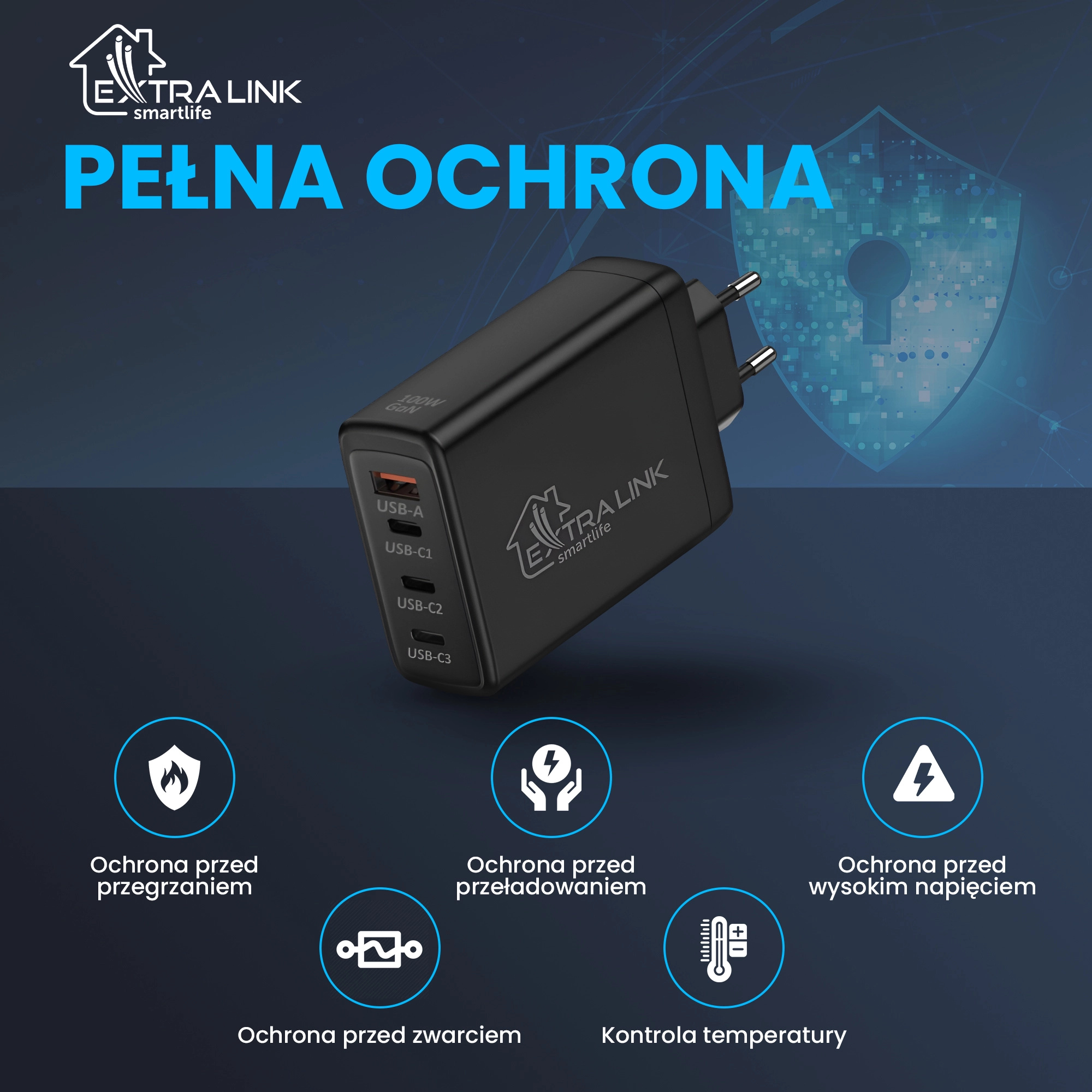 Extralink Smart Life Fast Charger 100W GaN | Ładowarka | 3x USB-C, USB-A, CHARESL01
