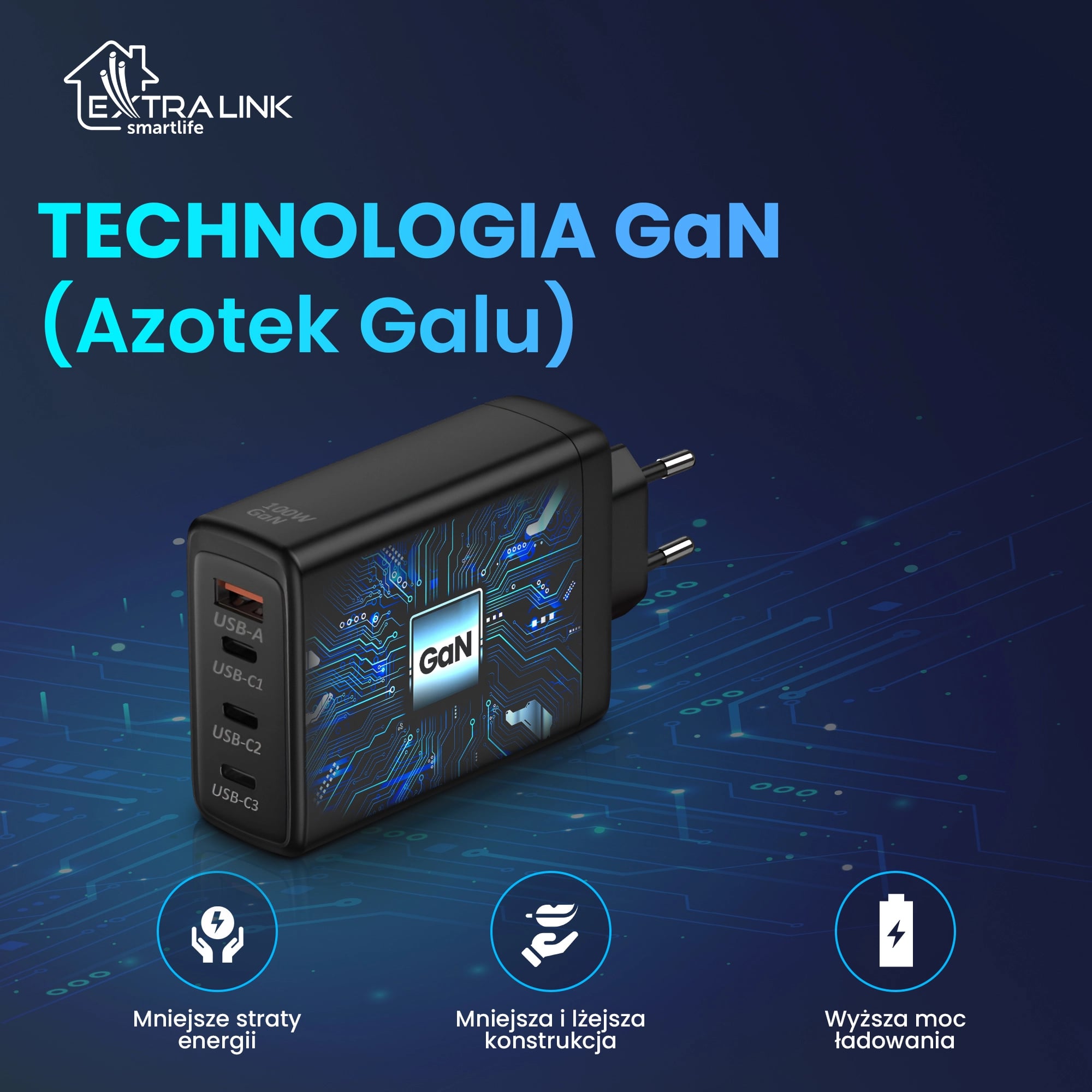Extralink Smart Life Fast Charger 100W GaN | Ładowarka | 3x USB-C, USB-A, CHARESL01