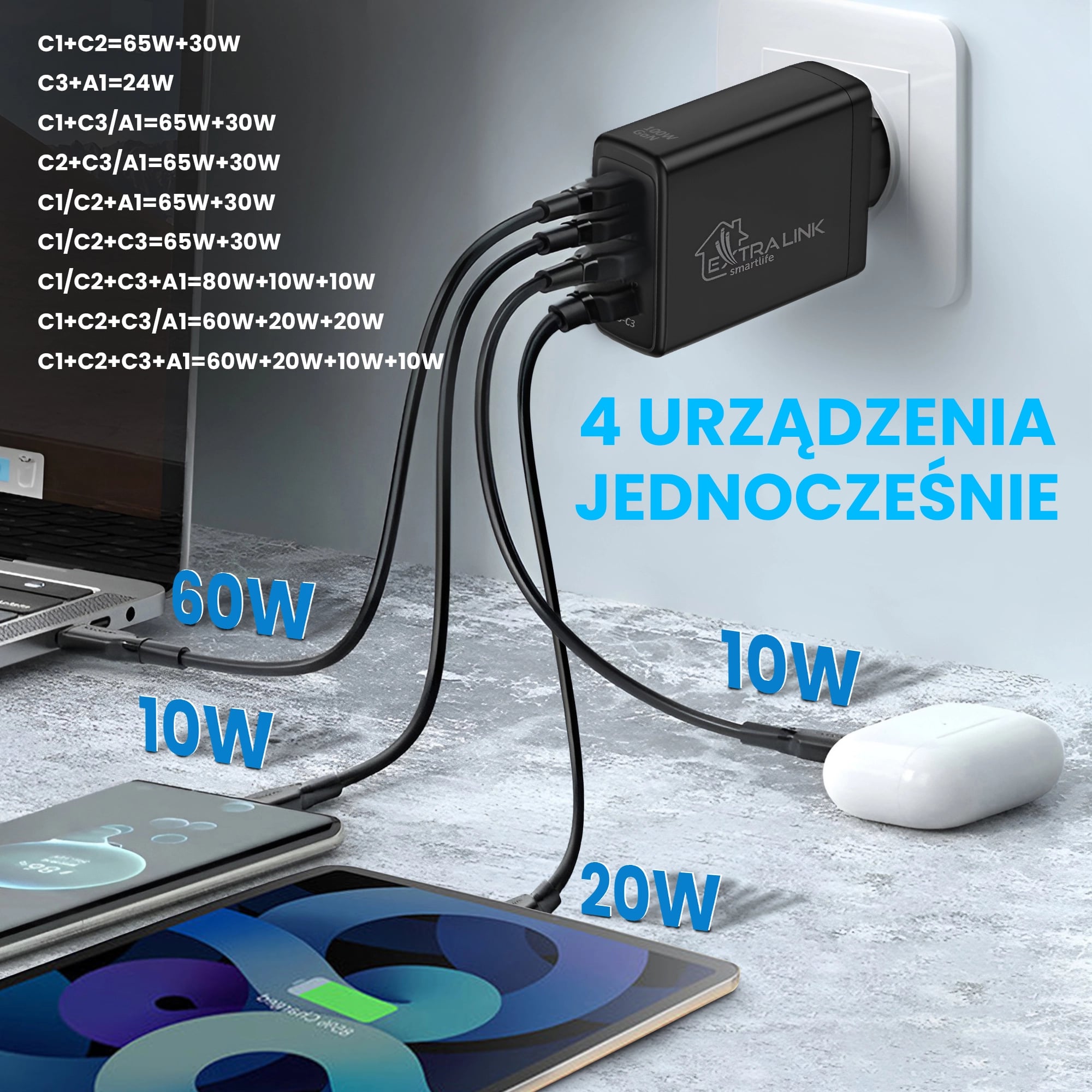 Extralink Smart Life Fast Charger 100W GaN | Ładowarka | 3x USB-C, USB-A, CHARESL01