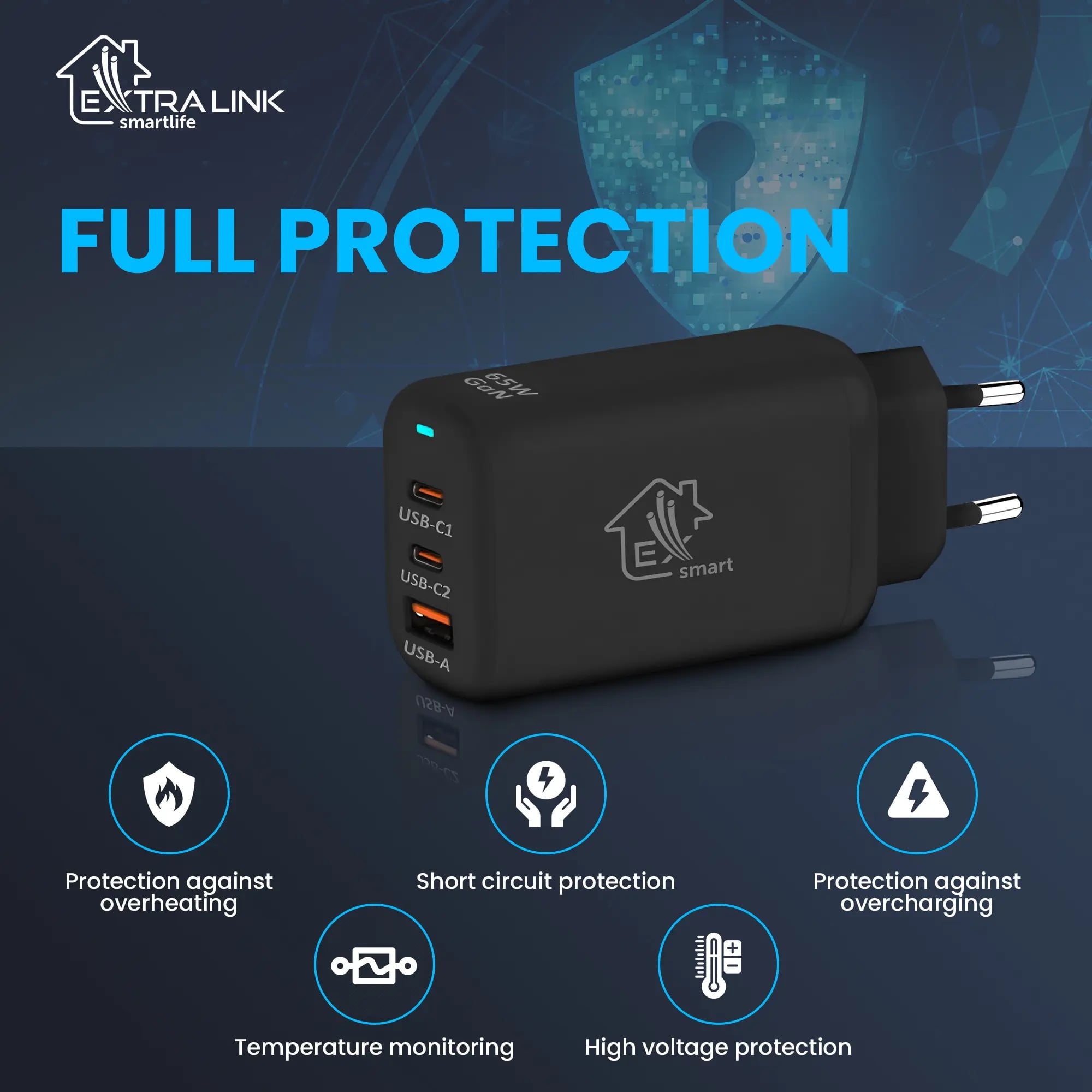 Extralink Smart Life Fast Charger 65W GaN | Ładowarka | 2x USB-C, USB-A, CHARESL02