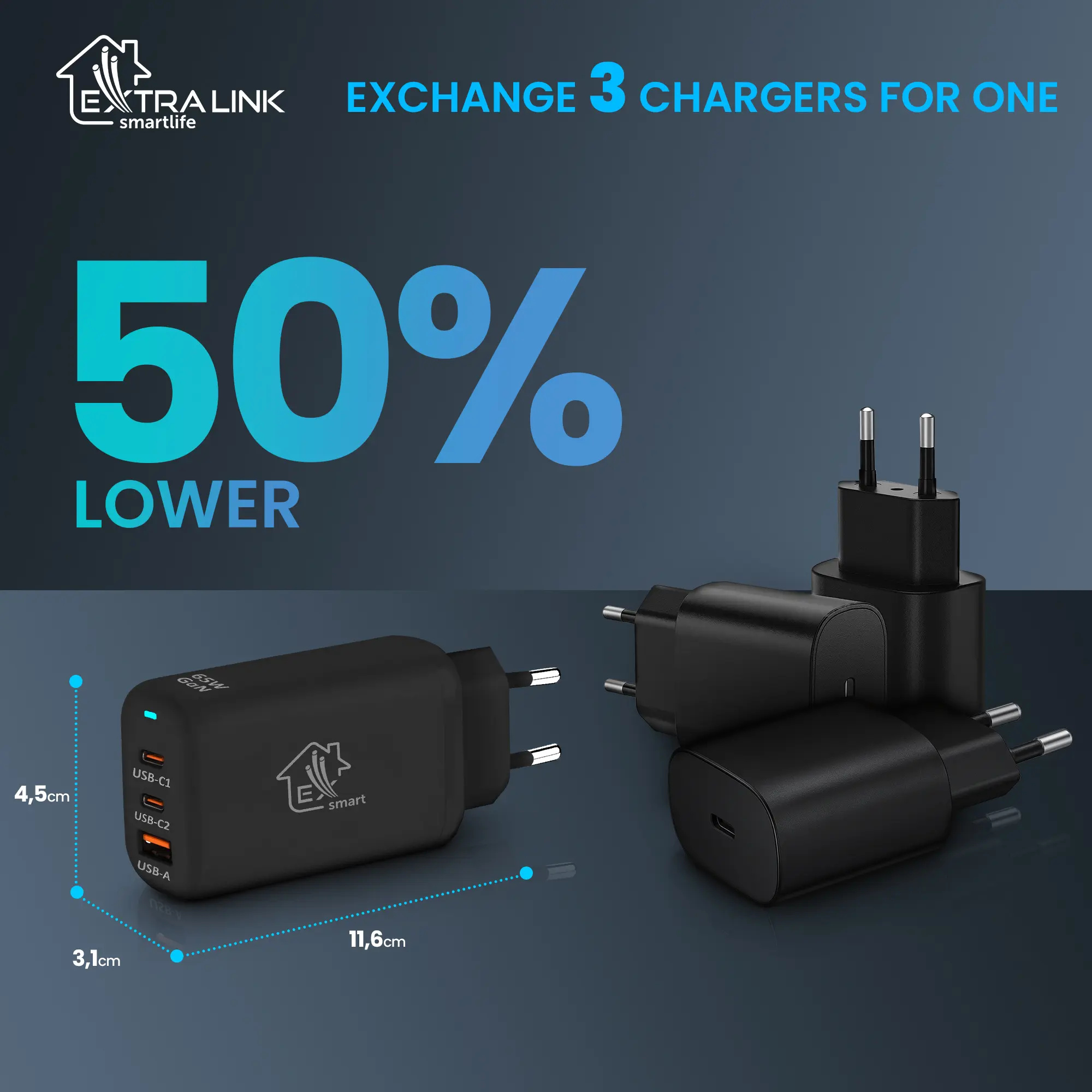 Extralink Smart Life Fast Charger 65W GaN | Ładowarka | 2x USB-C, USB-A, CHARESL02