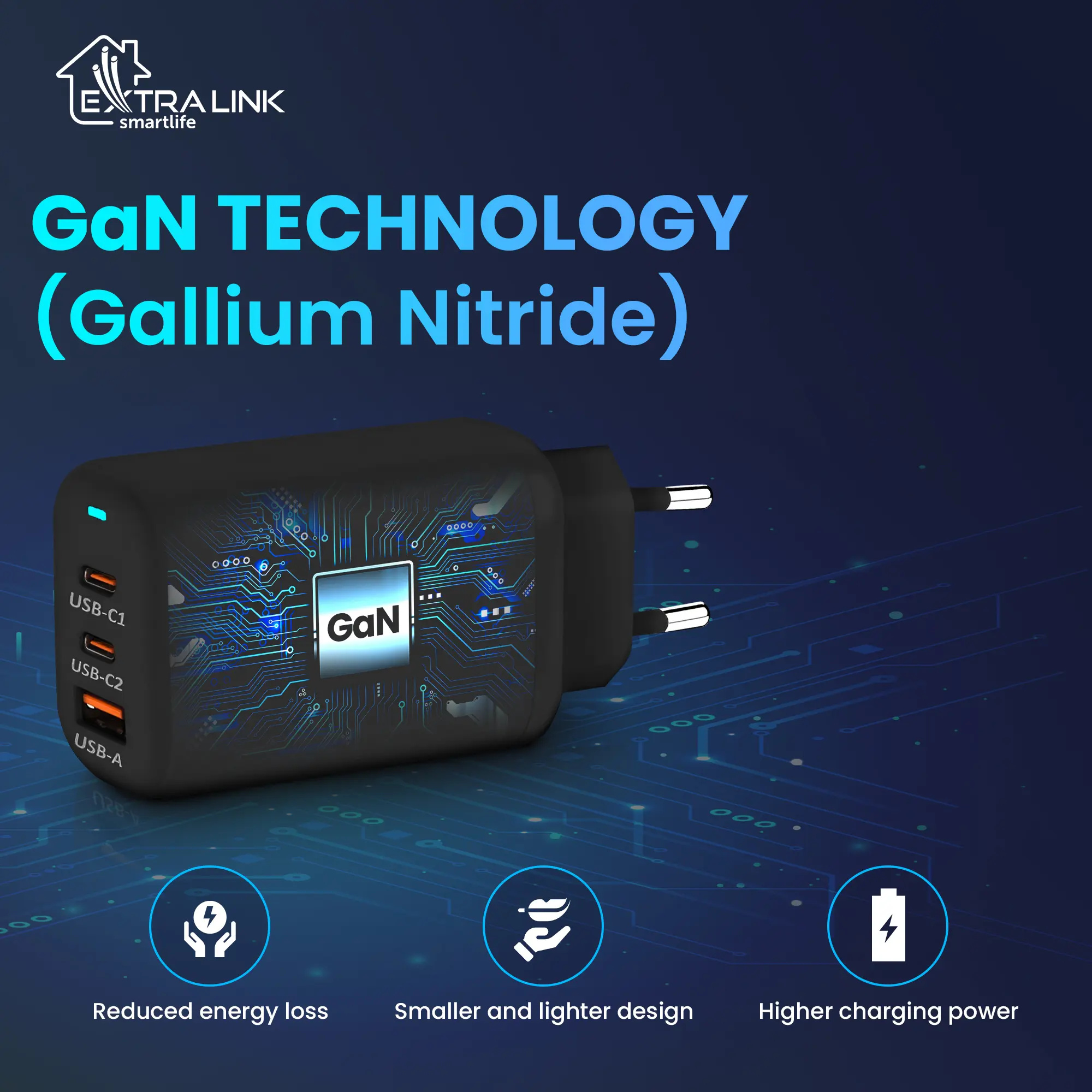 Extralink Smart Life Fast Charger 65W GaN | Ładowarka | 2x USB-C, USB-A, CHARESL02