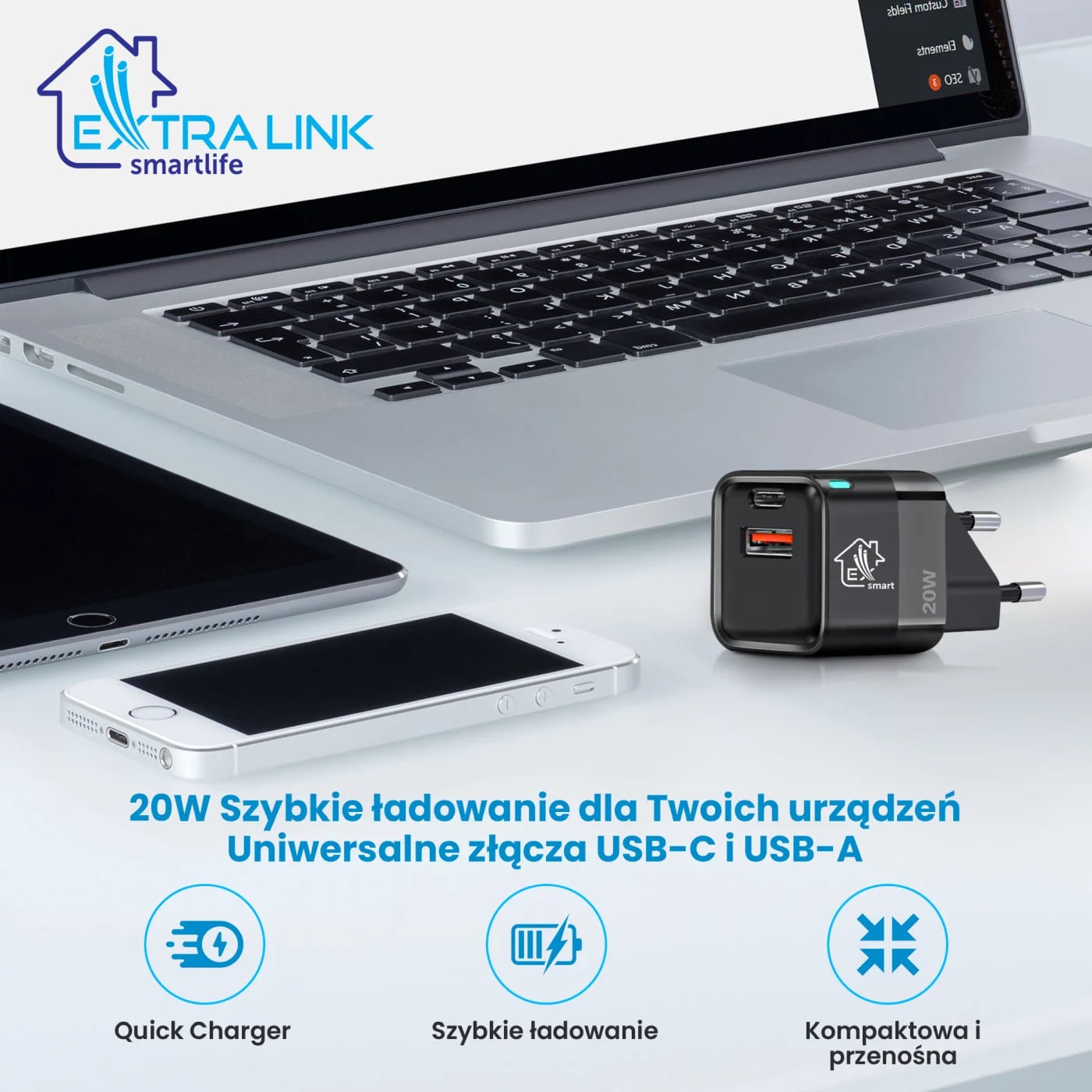 Extralink Smart Life Charger 20W | Ładowarka | USB-C, USB-A