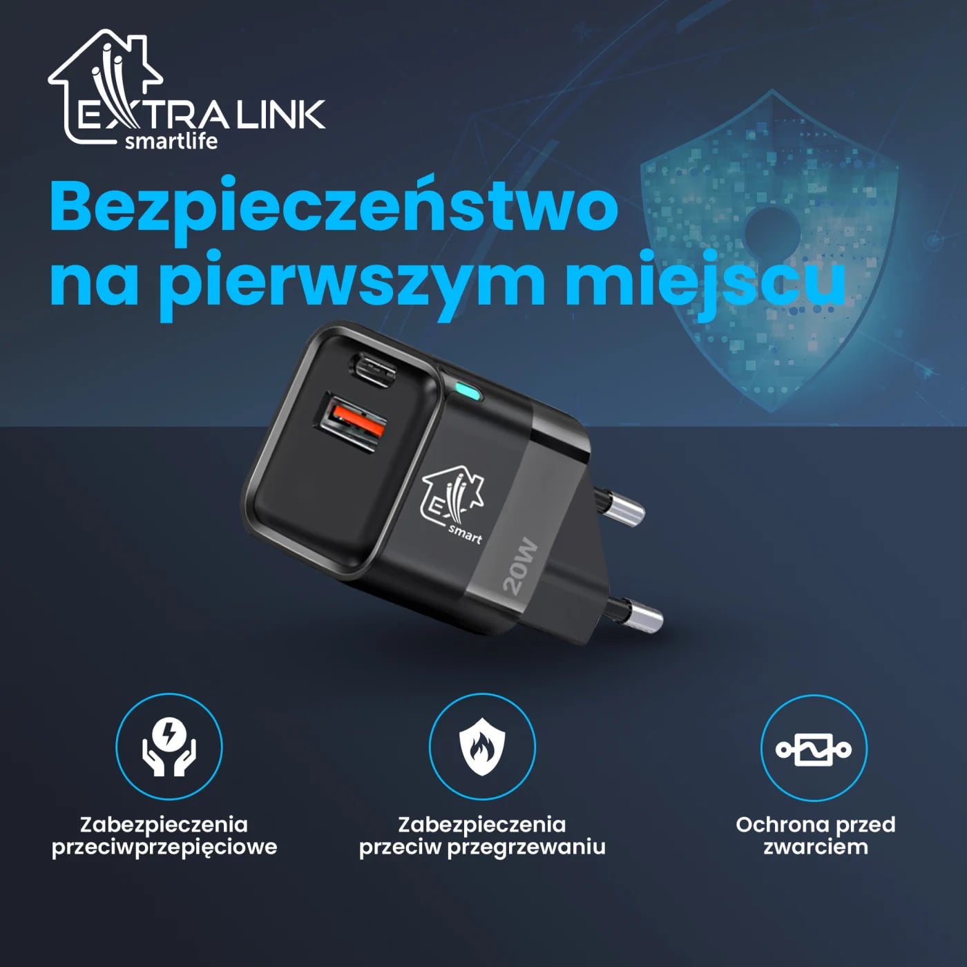 Extralink Smart Life Charger 20W | Ładowarka | USB-C, USB-A