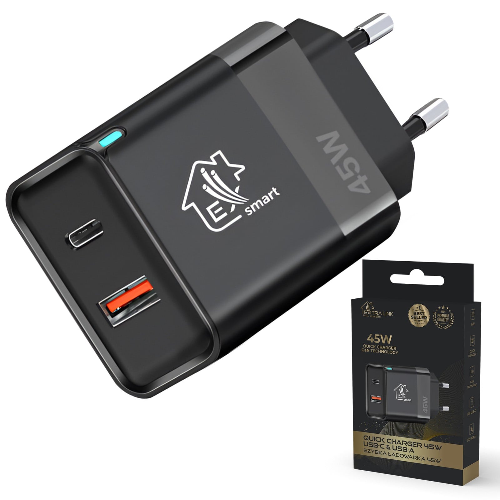 Extralink Smart Life Fast Charger 45W GaN | Ładowarka | USB-C, USB-A