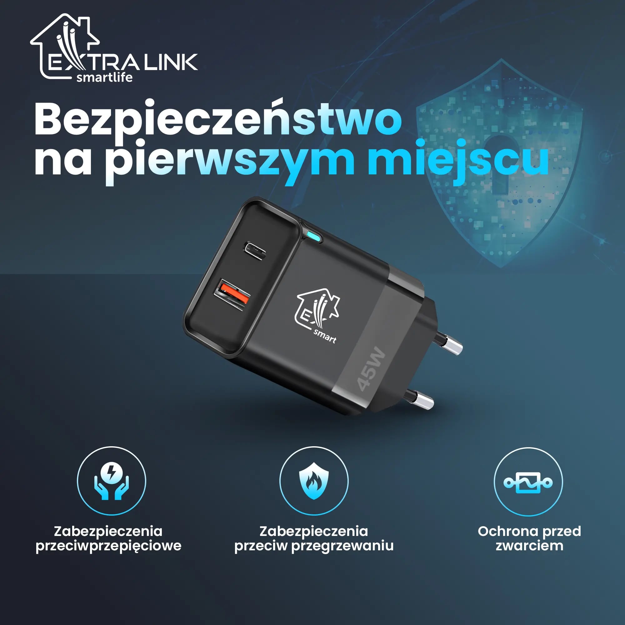 Extralink Smart Life Fast Charger 45W GaN | Ładowarka | USB-C, USB-A