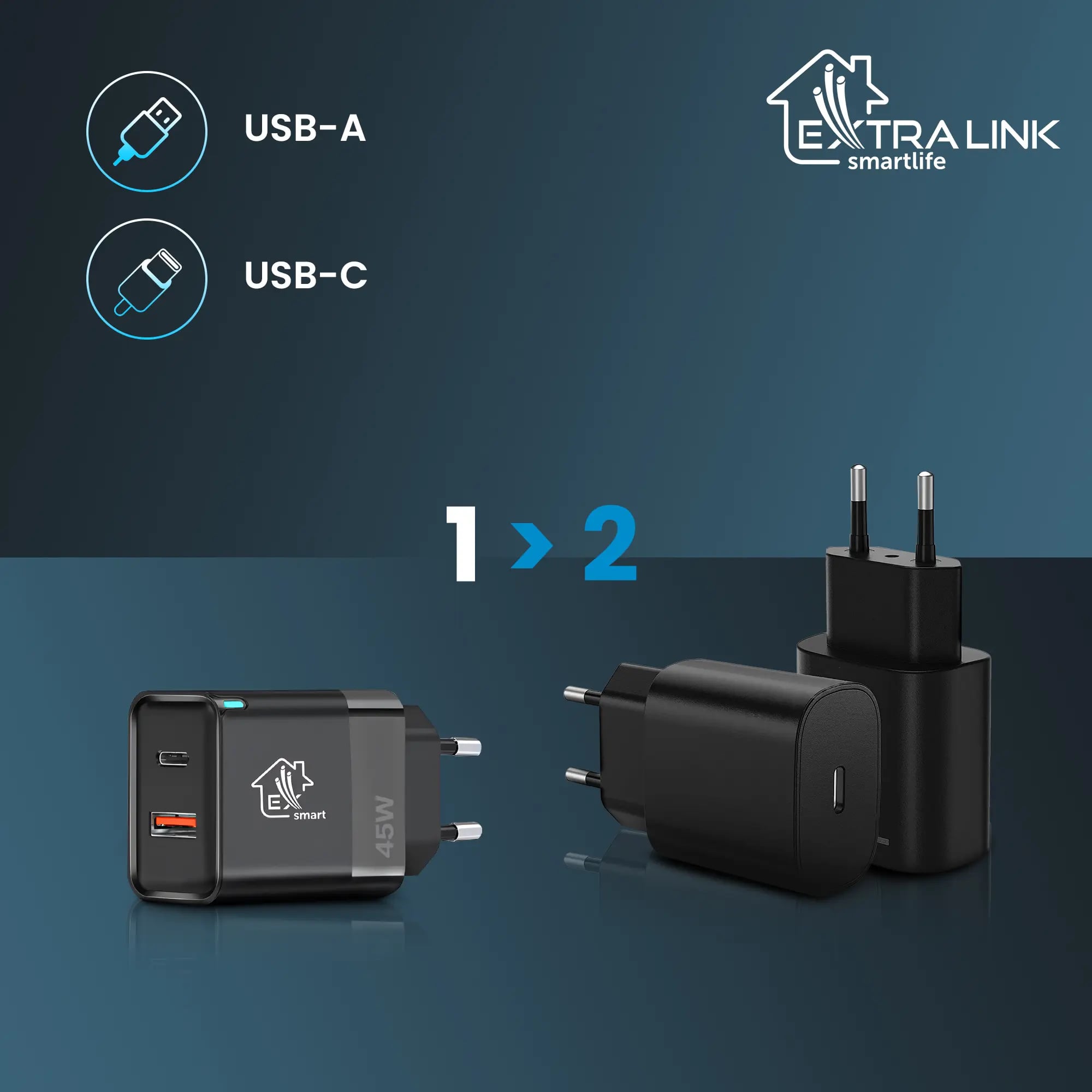 Extralink Smart Life Fast Charger 45W GaN | Ładowarka | USB-C, USB-A