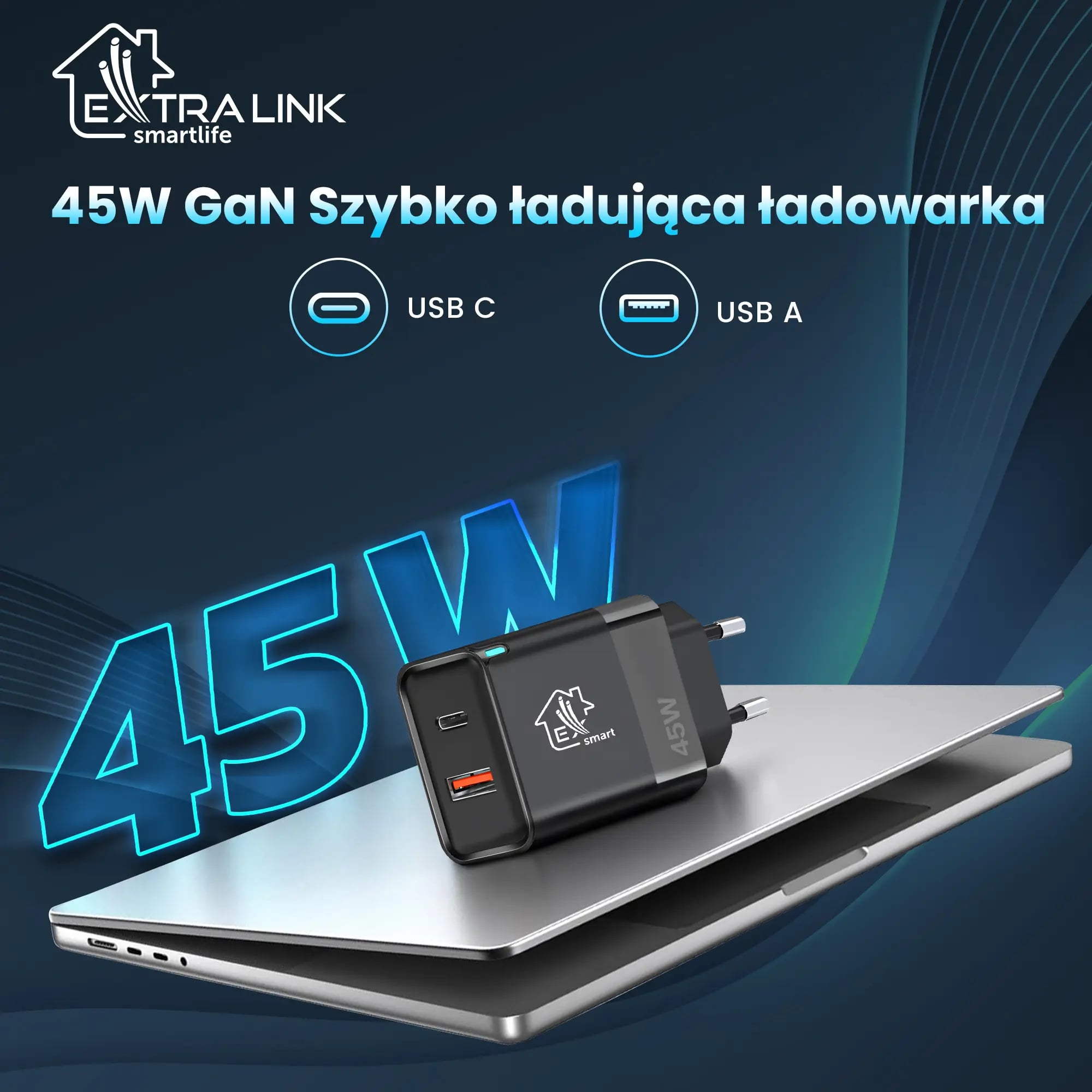 Extralink Smart Life Fast Charger 45W GaN | Ładowarka | USB-C, USB-A