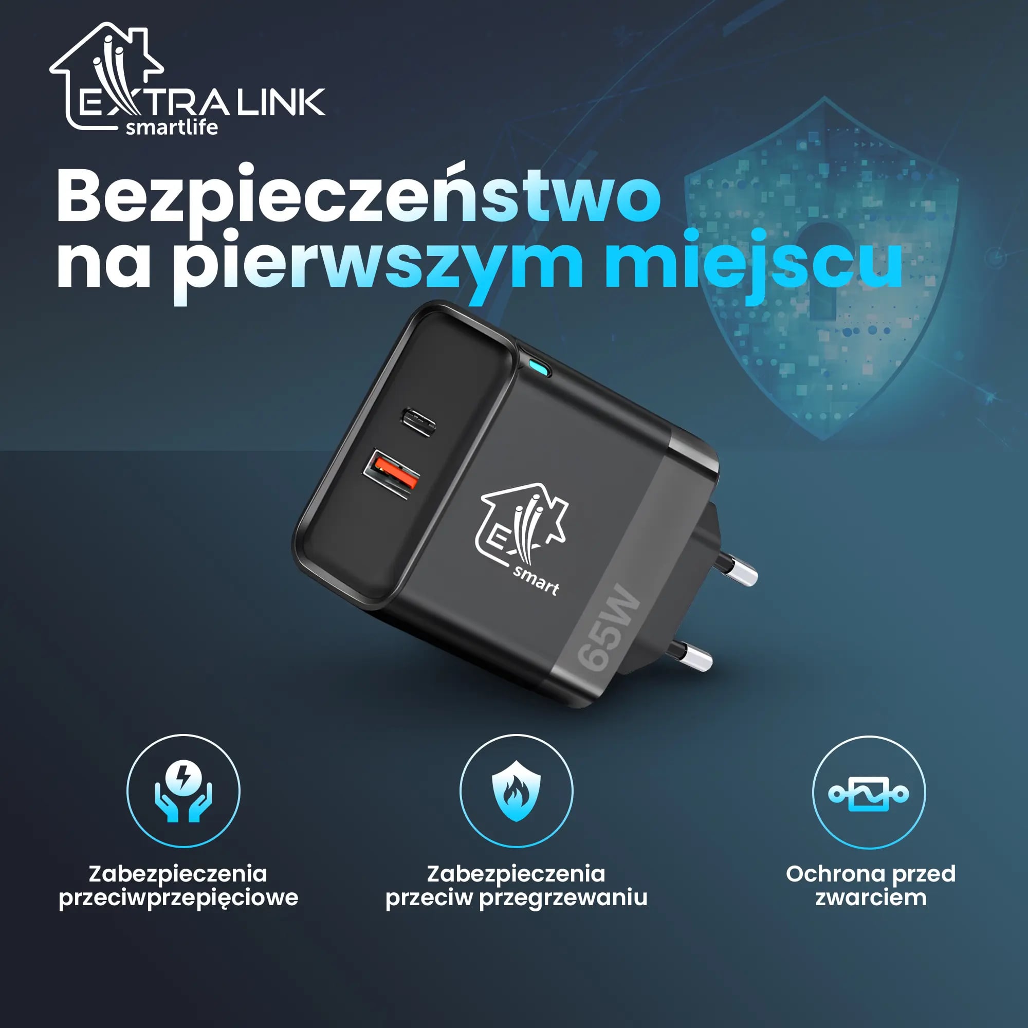 Extralink Smart Life Fast Charger 65W GaN | Ładowarka | USB-C, USB-A
