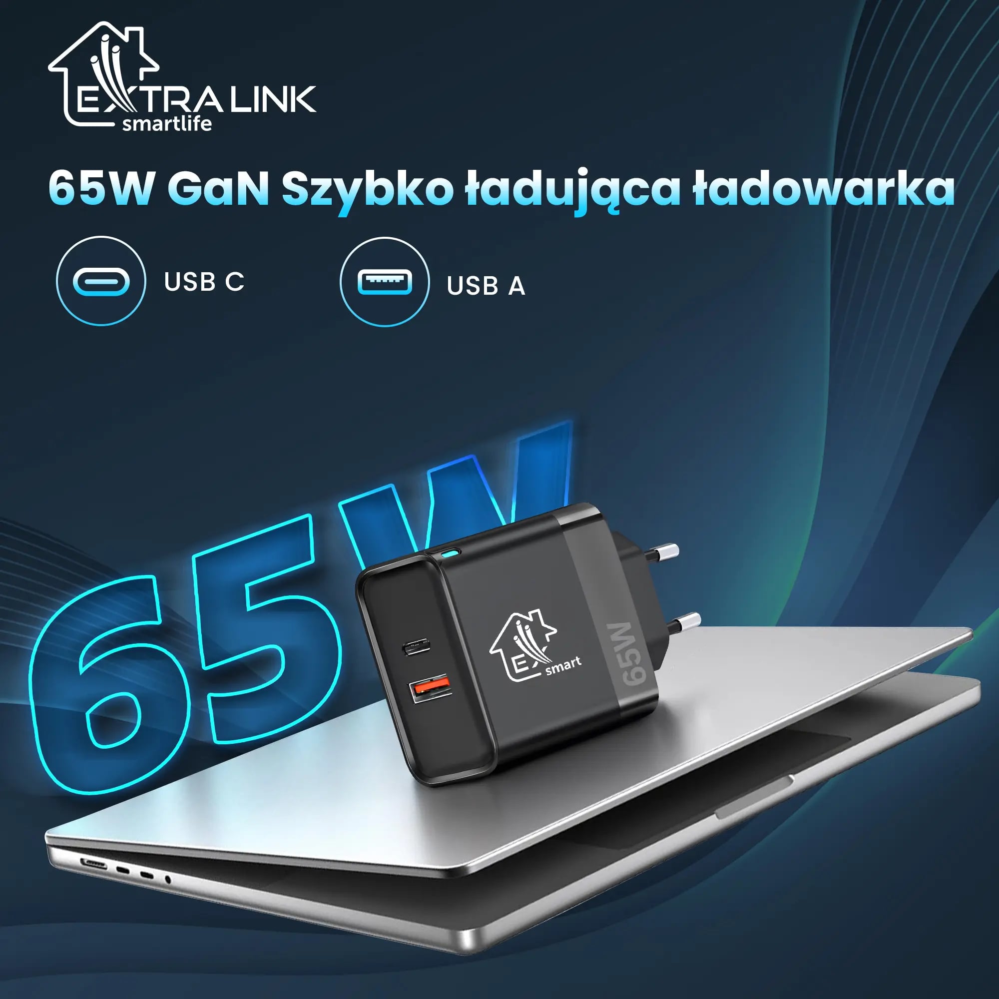 Extralink Smart Life Fast Charger 65W GaN | Ładowarka | USB-C, USB-A