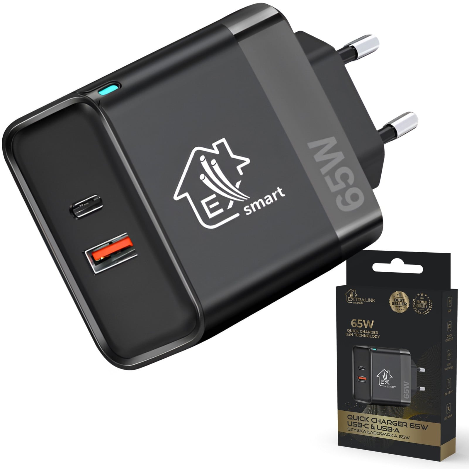 Extralink Smart Life Fast Charger 65W GaN | Ładowarka | USB-C, USB-A
