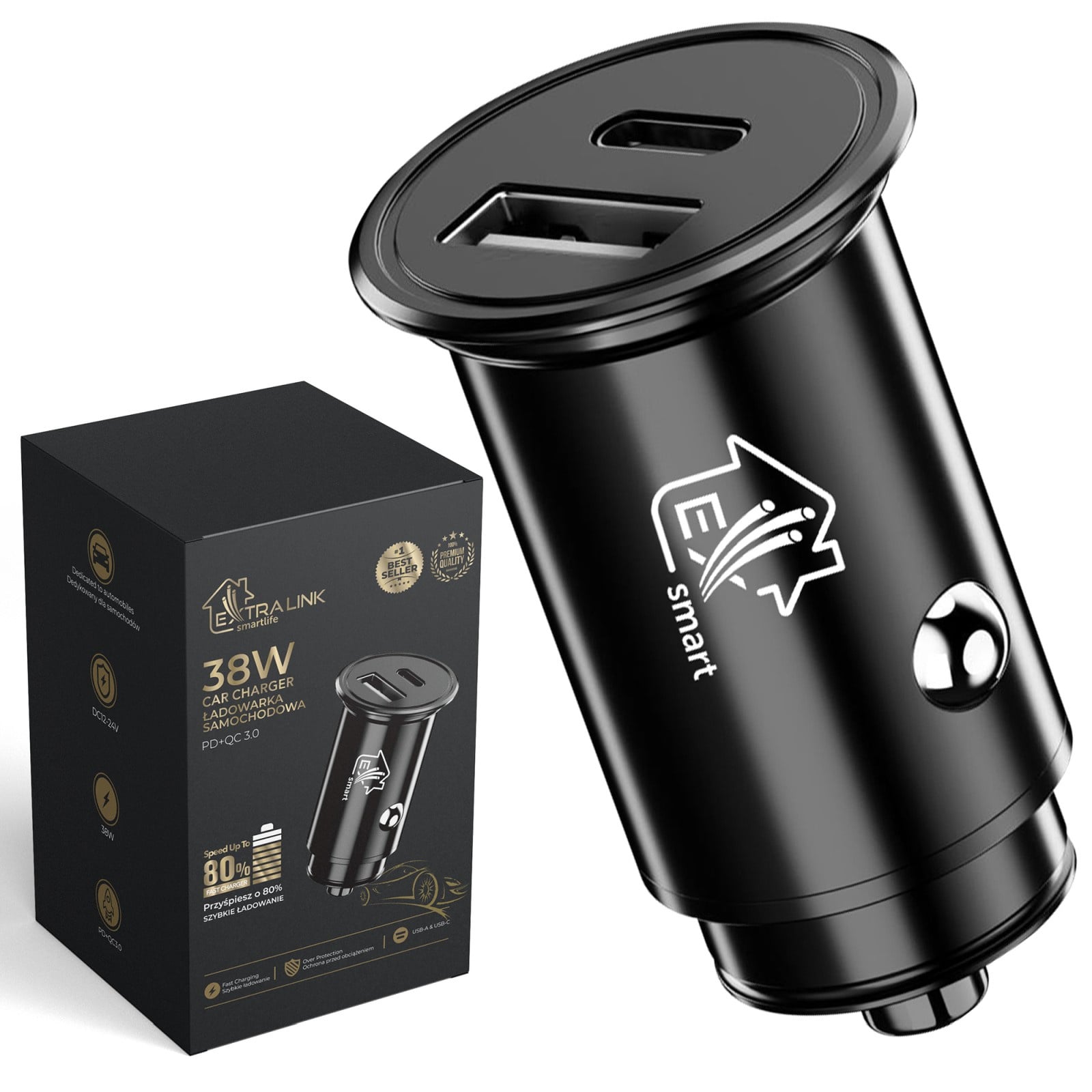 Extralink Smart Life | Ładowarka do samochodu | 38W, 1x USB-C, 1x USB-A Czarna