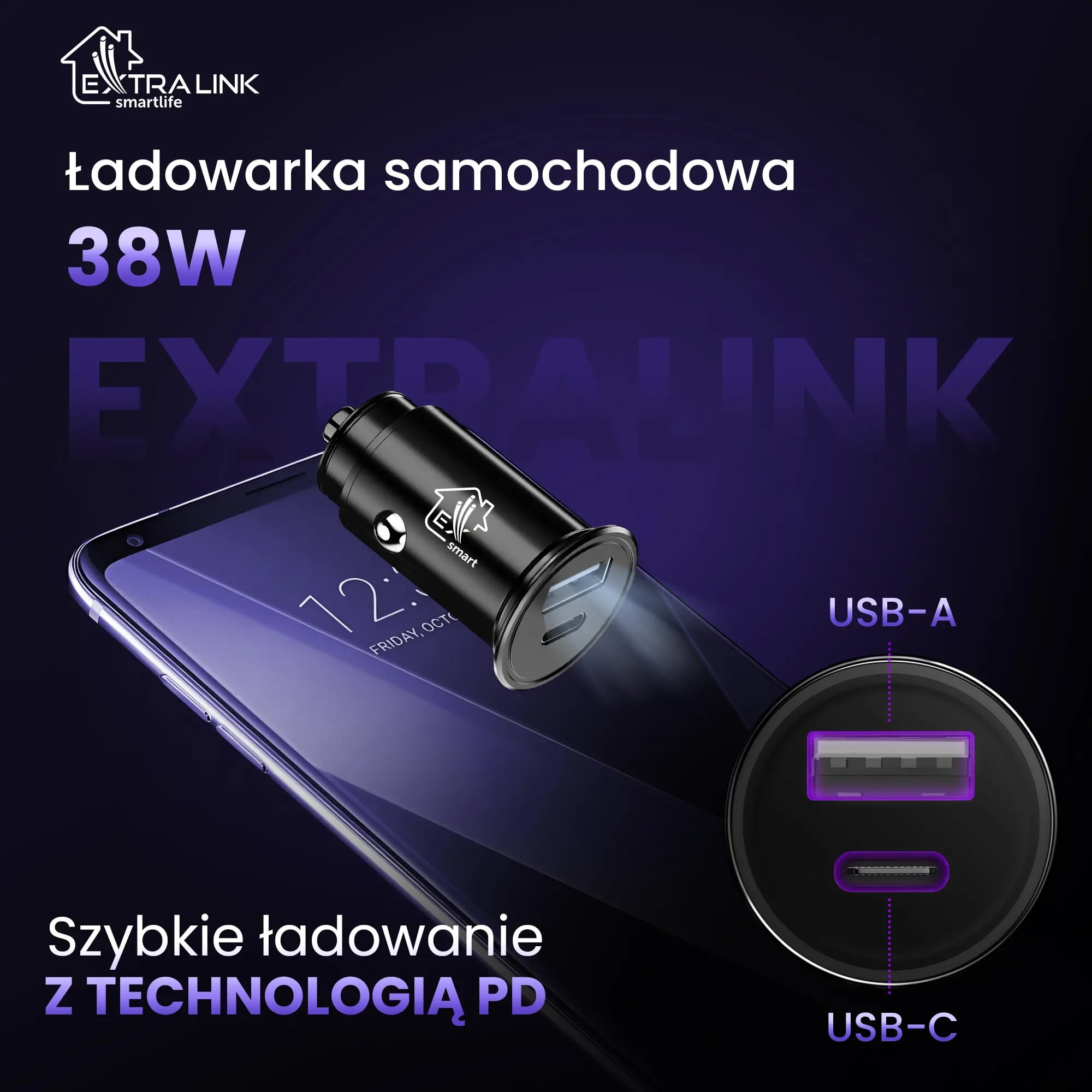 Extralink Smart Life | Ładowarka do samochodu | 38W, 1x USB-C, 1x USB-A Czarna
