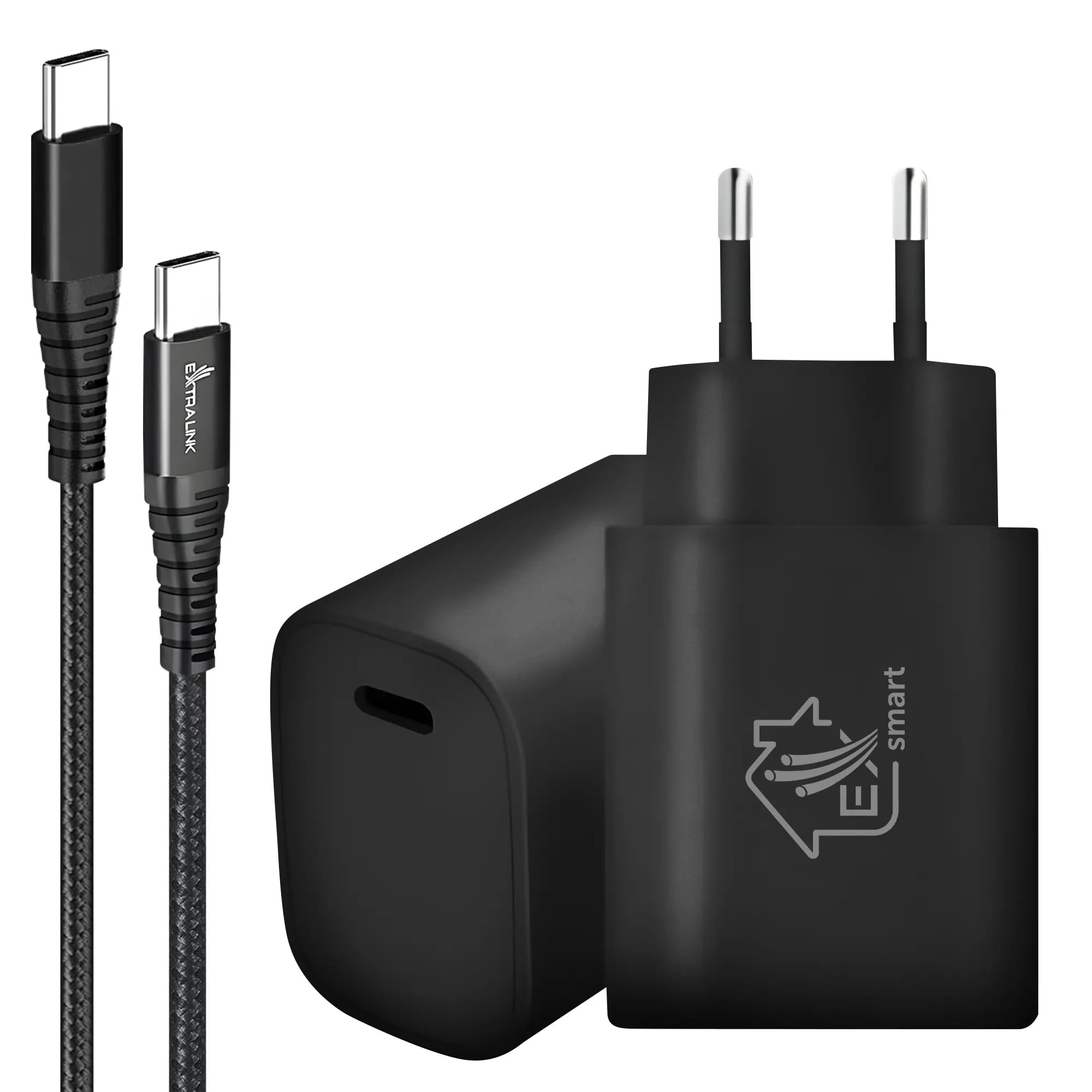 Extralink Smart Life | Zestaw USB Type-C to Type-C, 200cm, Czarny + Ładowarka 18W PD3.0 | Czarna