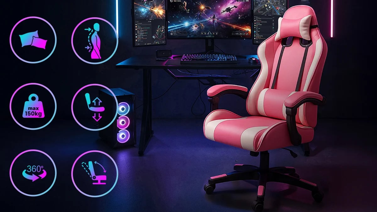 Extralink Gaming | Fotel gamingowy | biurowy, obrotowy, kubełkowy, różowo-biały, G-525
