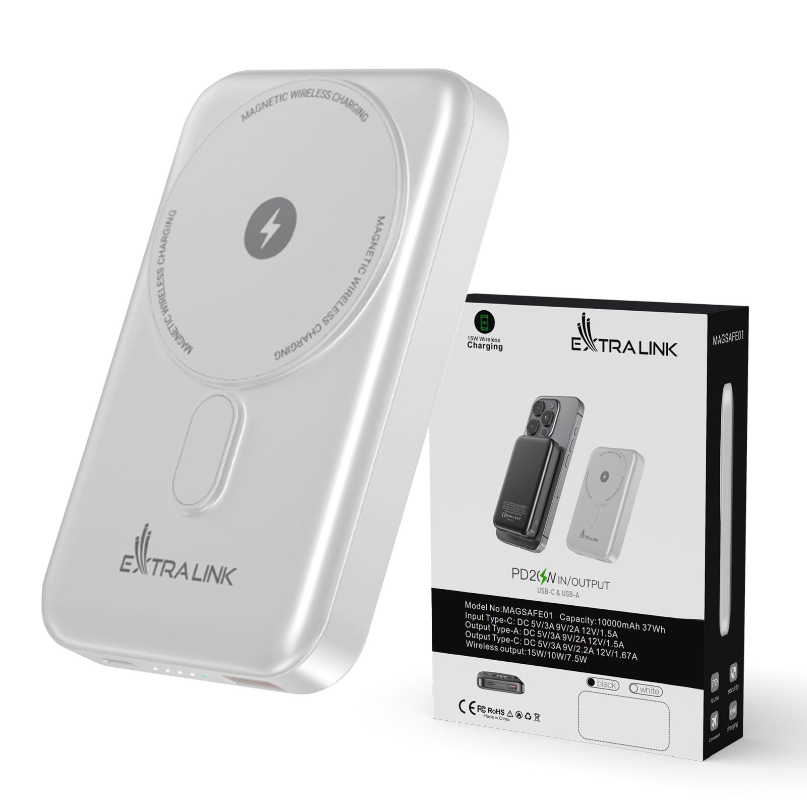 Extralink MagSafe 10000mAh Biały | Powerbank | Power bank, 38.5Wh PD20W+15W USB-C USB-A