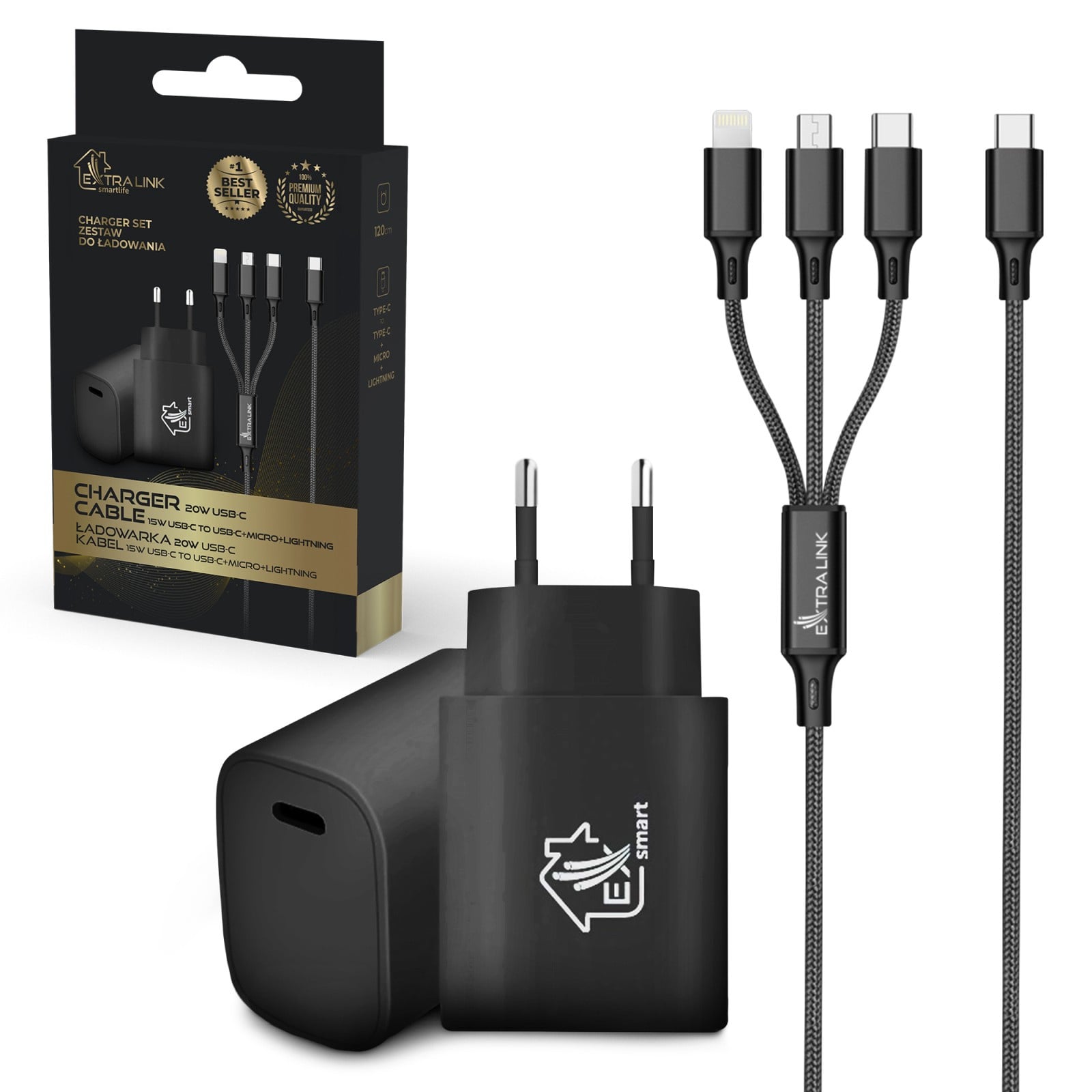 Extralink Smart Life SET03 | Kabel 3 w 1 + ładowarka | 12 W, 120 cm / 20 W PD3.0 5 V/3 A 9 V/2,2 A 12 V 1,67 A (czarny)