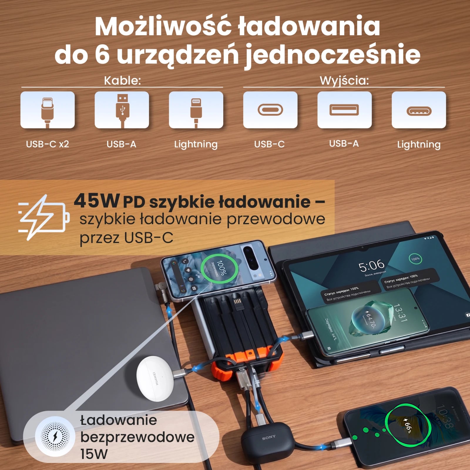 Extralink | Powerbank solarny | 20000mAh, 45W, indukcja, lampa, latarka