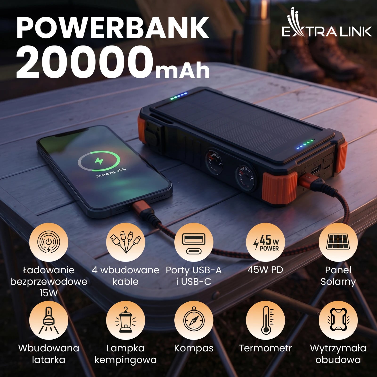 Extralink | Powerbank solarny | 20000mAh, 45W, indukcja, lampa, latarka