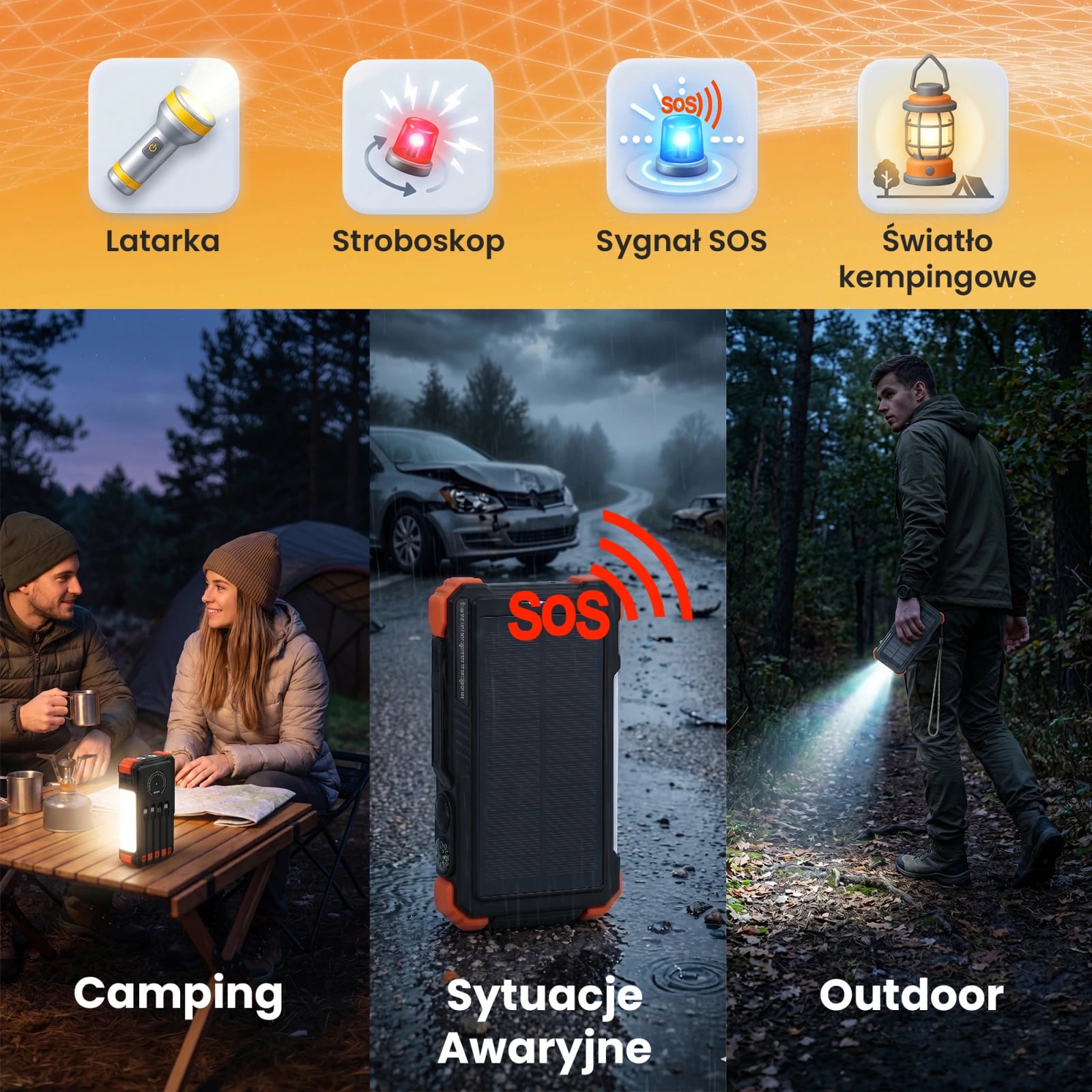 Extralink | Powerbank solarny | 20000mAh, 20W, dynamo, indukcja, lampa, latarka