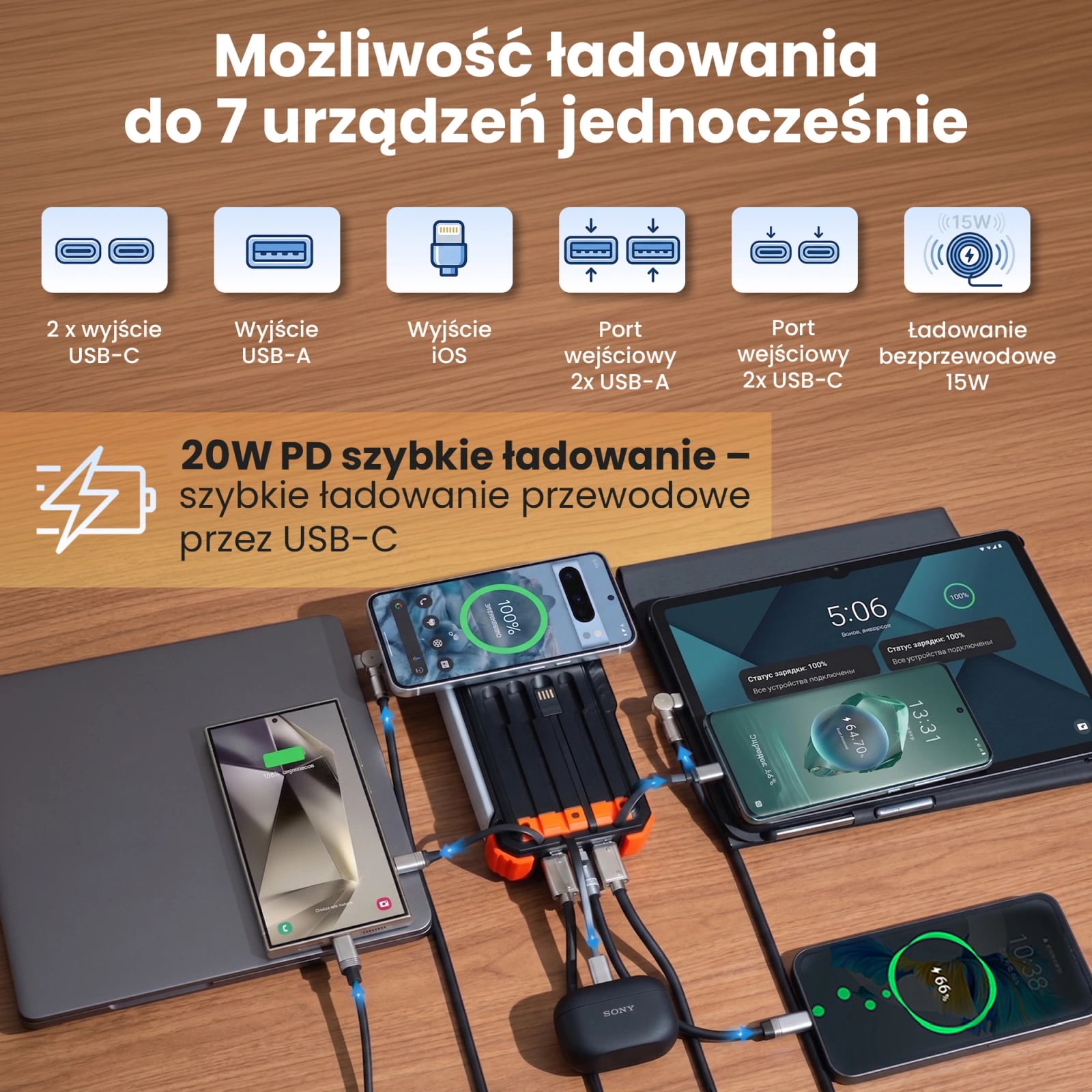Extralink | Powerbank solarny | 20000mAh, 20W, dynamo, indukcja, lampa, latarka