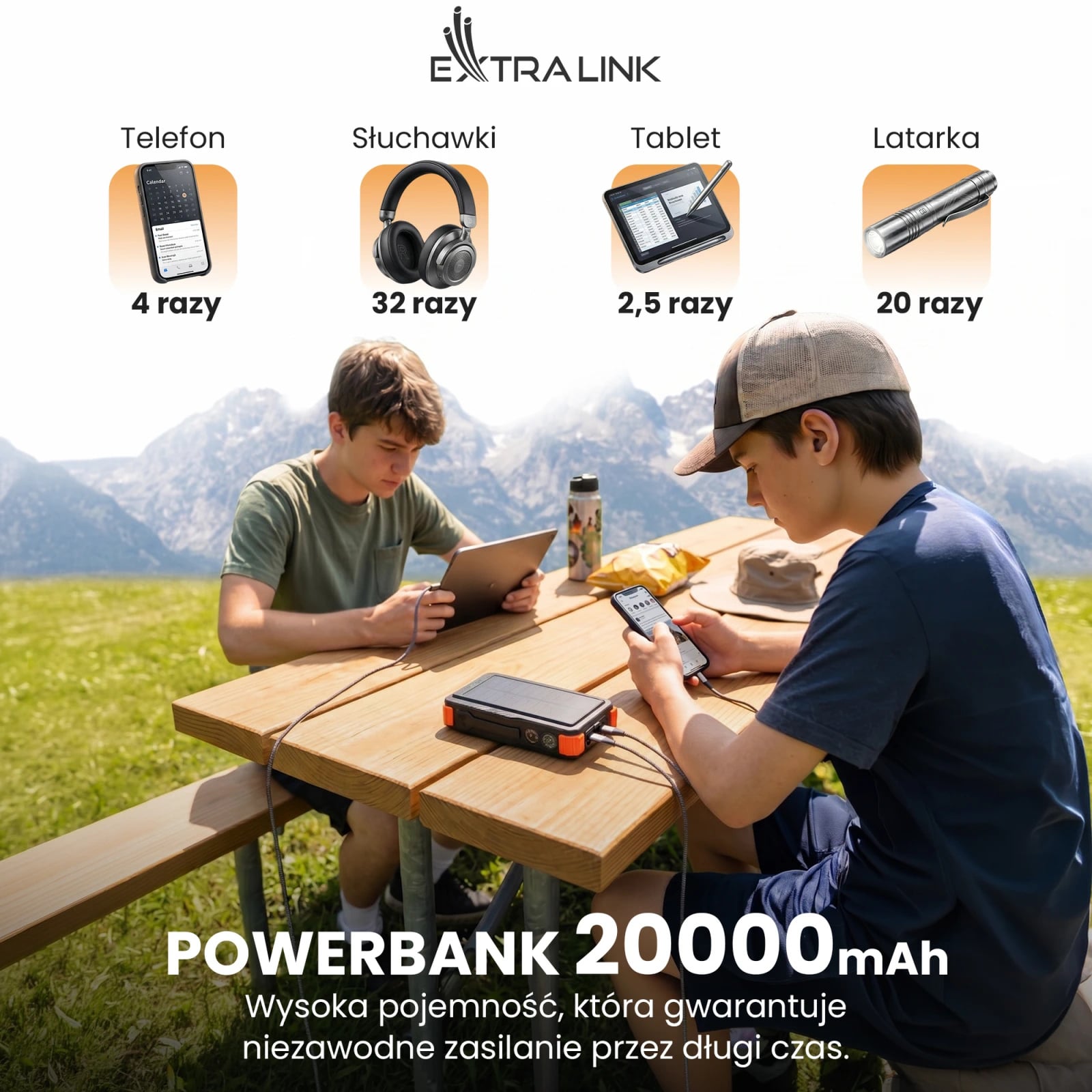 Extralink | Powerbank solarny | 20000mAh, 20W, dynamo, indukcja, lampa, latarka