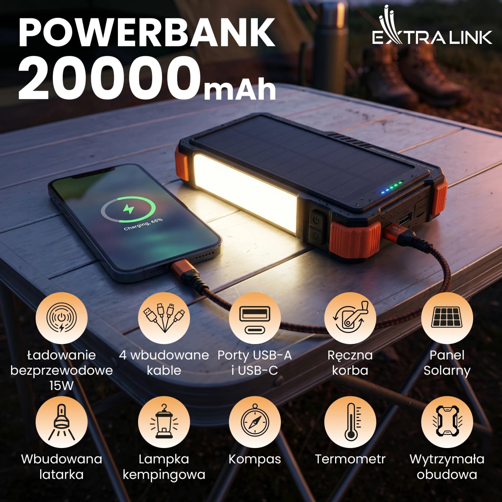 Extralink | Powerbank solarny | 20000mAh, 20W, dynamo, indukcja, lampa, latarka