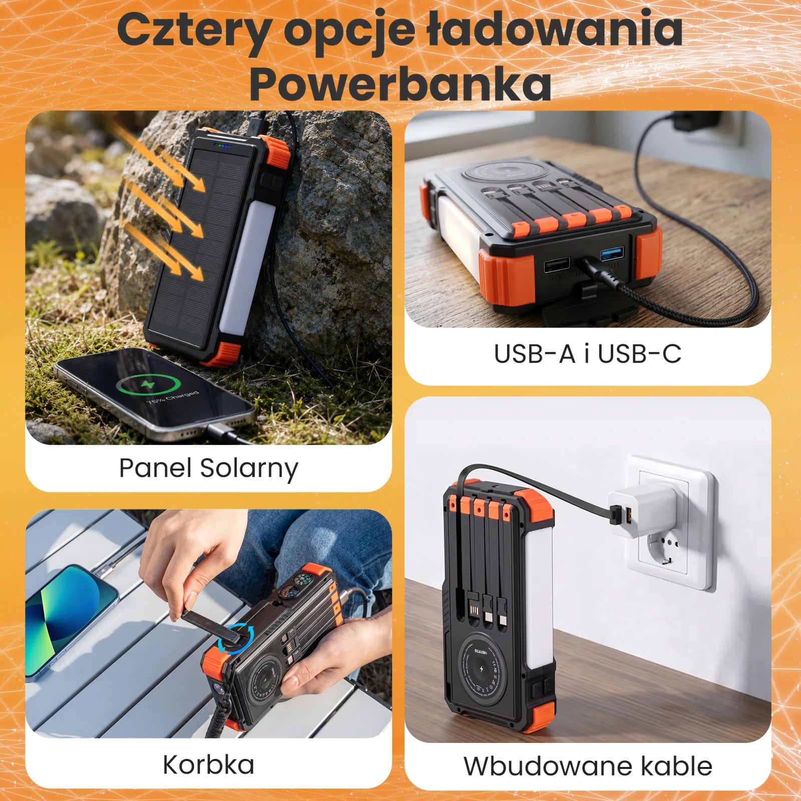 Extralink | Powerbank solarny | 20000mAh, 20W, dynamo, indukcja, lampa, latarka