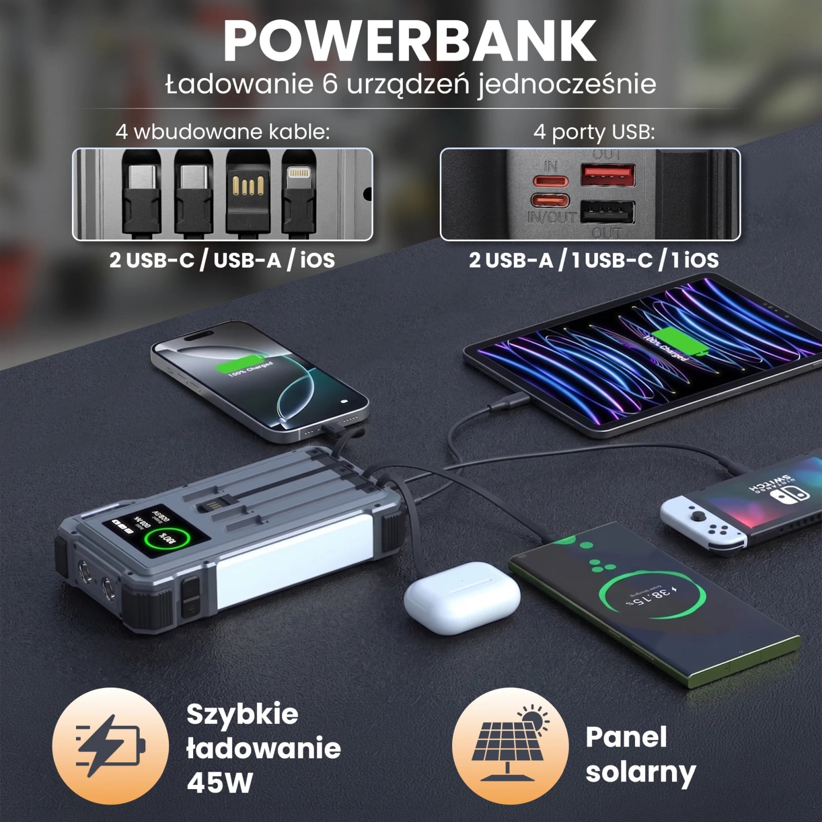 Extralink | Powerbank solarny | 12000mAh, jump starter, 1500A, lampa, latarka