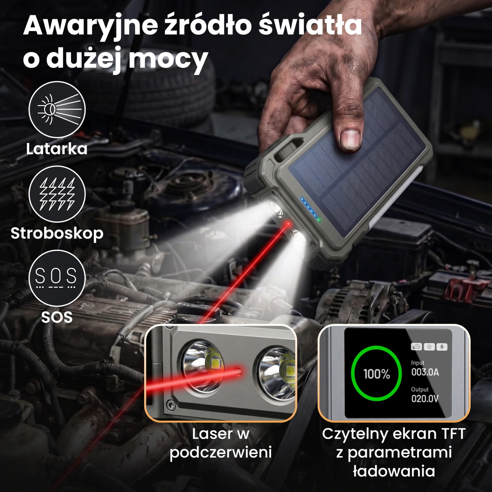 Extralink | Powerbank solarny | 12000mAh, jump starter, 1500A, lampa, latarka