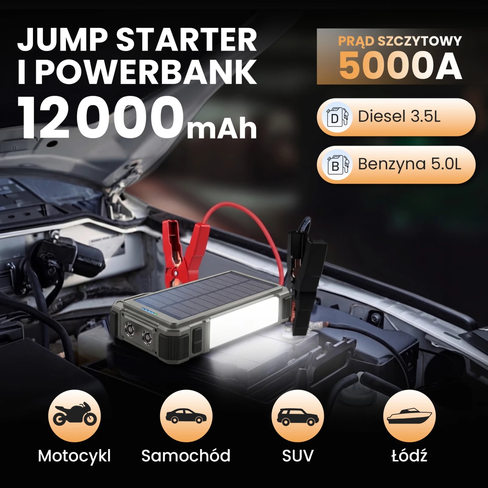 Extralink | Powerbank solarny | 12000mAh, jump starter, 1500A, lampa, latarka