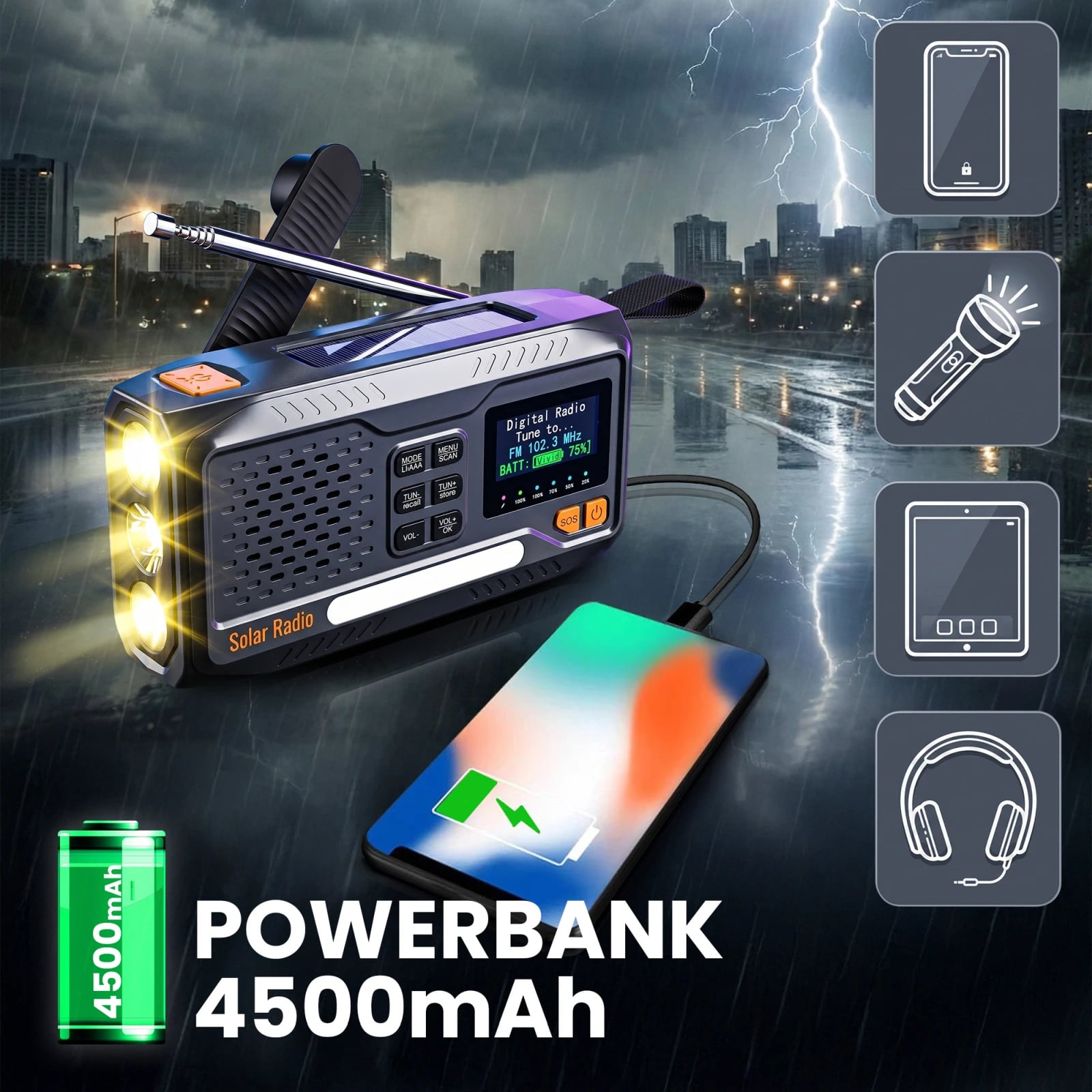 Black Forest by Extralink BT-4000 | Radio awaryjne Bluetooth solarne z korbką dynamo i latarką SOS | Powerbank 4500mAh