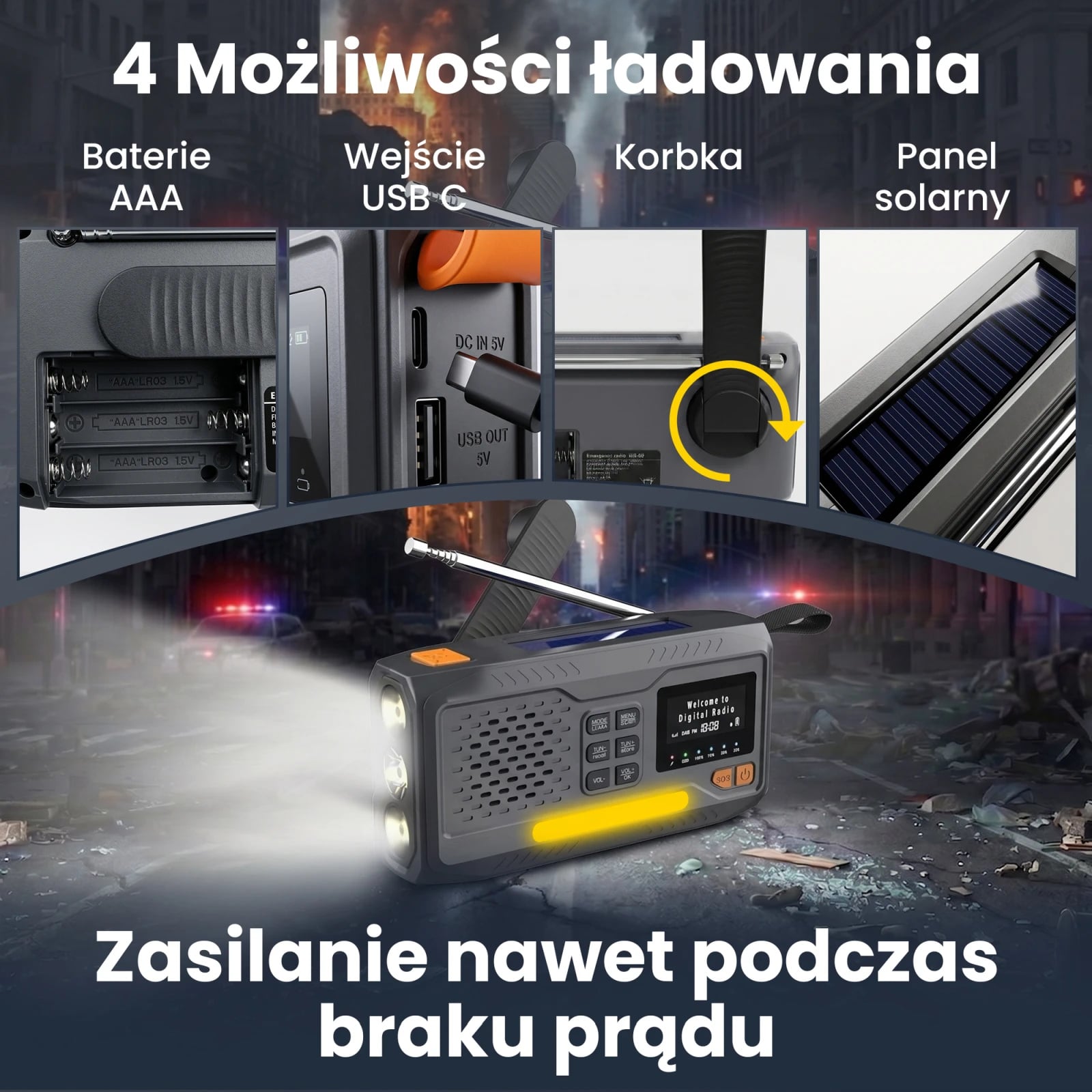 Black Forest by Extralink BT-4000 | Radio awaryjne Bluetooth solarne z korbką dynamo i latarką SOS | Powerbank 4500mAh