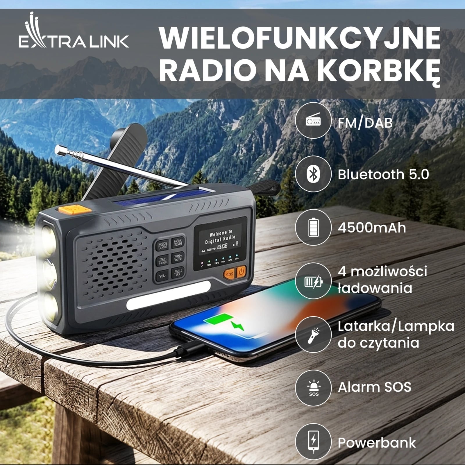 Black Forest by Extralink BT-4000 | Radio awaryjne Bluetooth solarne z korbką dynamo i latarką SOS | Powerbank 4500mAh