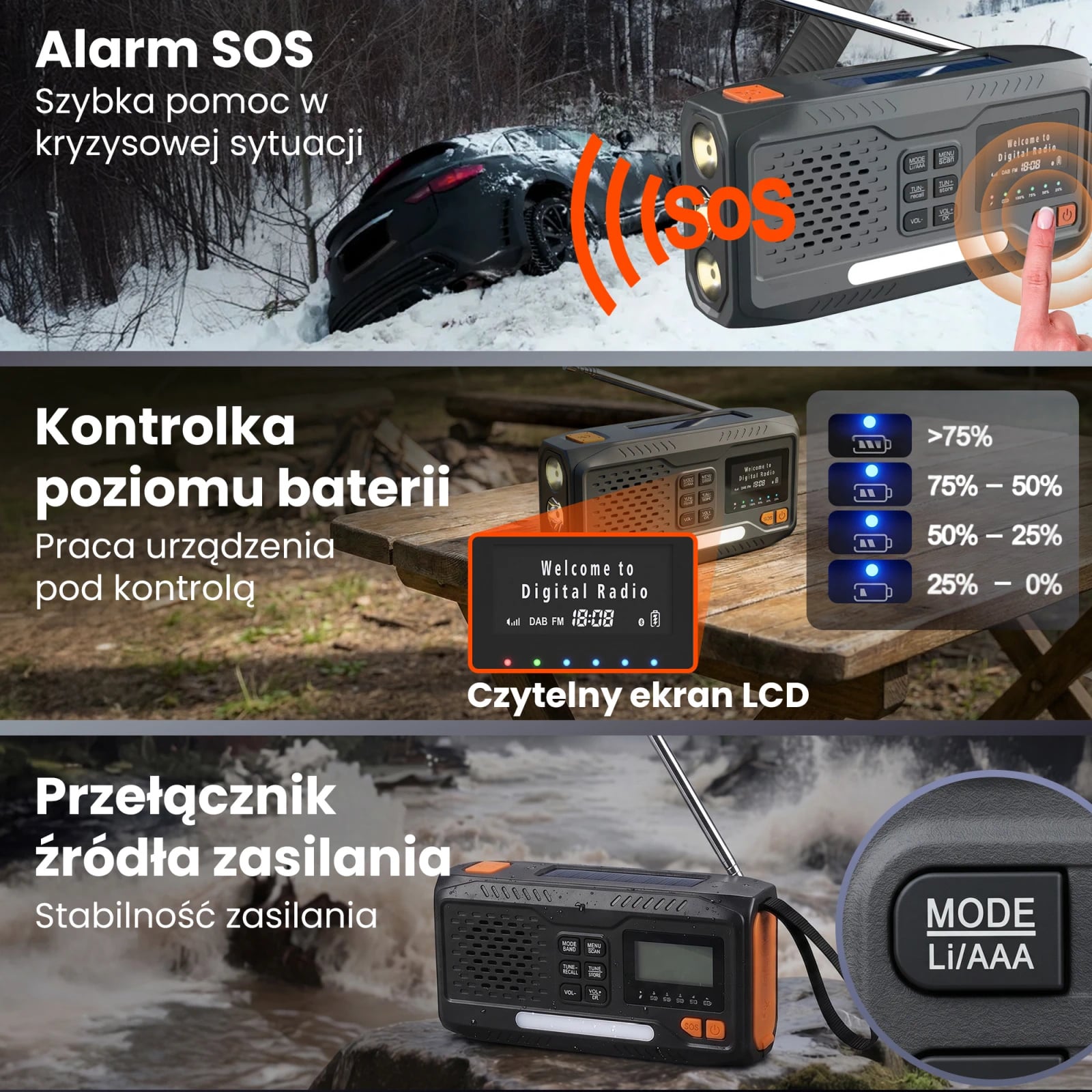 Black Forest by Extralink BT-4000 | Radio awaryjne Bluetooth solarne z korbką dynamo i latarką SOS | Powerbank 4500mAh