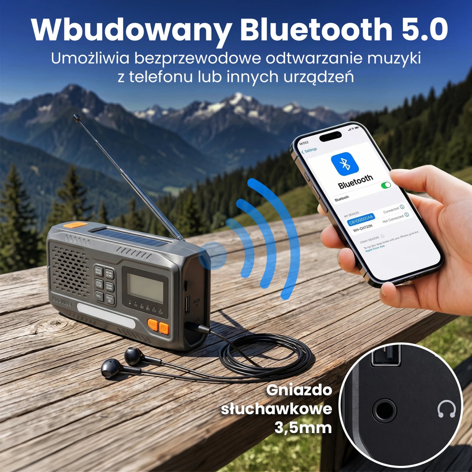 Black Forest by Extralink BT-4000 | Radio awaryjne Bluetooth solarne z korbką dynamo i latarką SOS | Powerbank 4500mAh