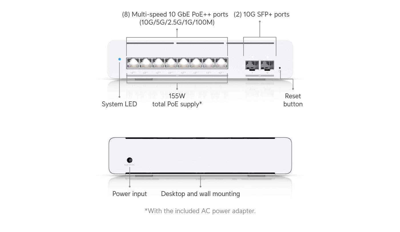 Ubiquiti USW-Pro-XG-8-PoE | Switch | Etherlighting, 8x RJ45 10GbE PoE, 2x SFP+, 155W, Layer 3